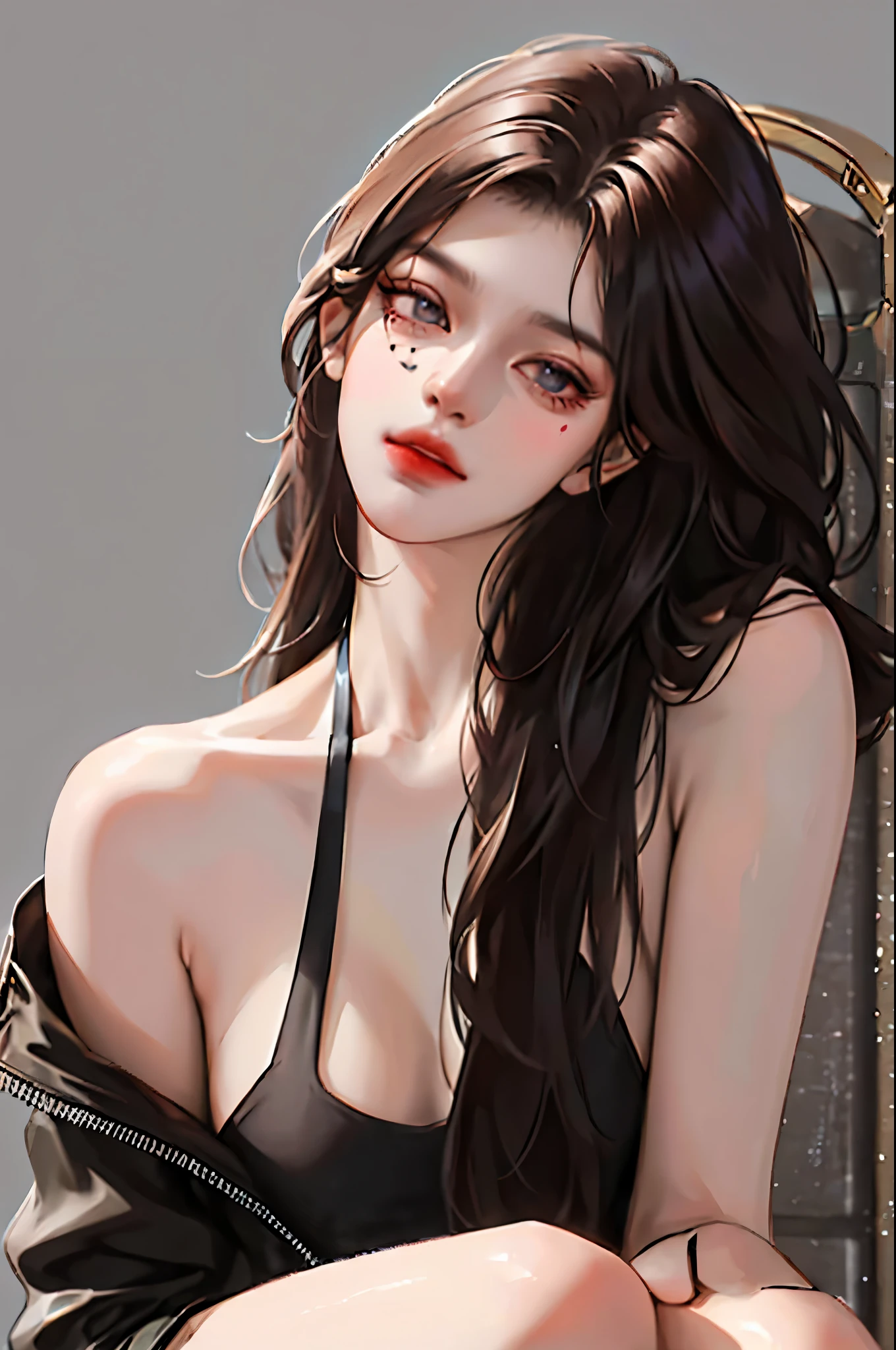Beautiful girl with realistic black eyes, pale skin, long black hair, perfect face, perfect eyes, ((wearing a black coat)),((A tight lace dress with a plunging neckline)) very detailed, comprehensive movie, digital painting, 8K, cinematic lighting, highest quality, High resolution, well done!, Post-processing, perfect result, surreal,(((revealing clothes))),big breasts,choker, that'Transparent