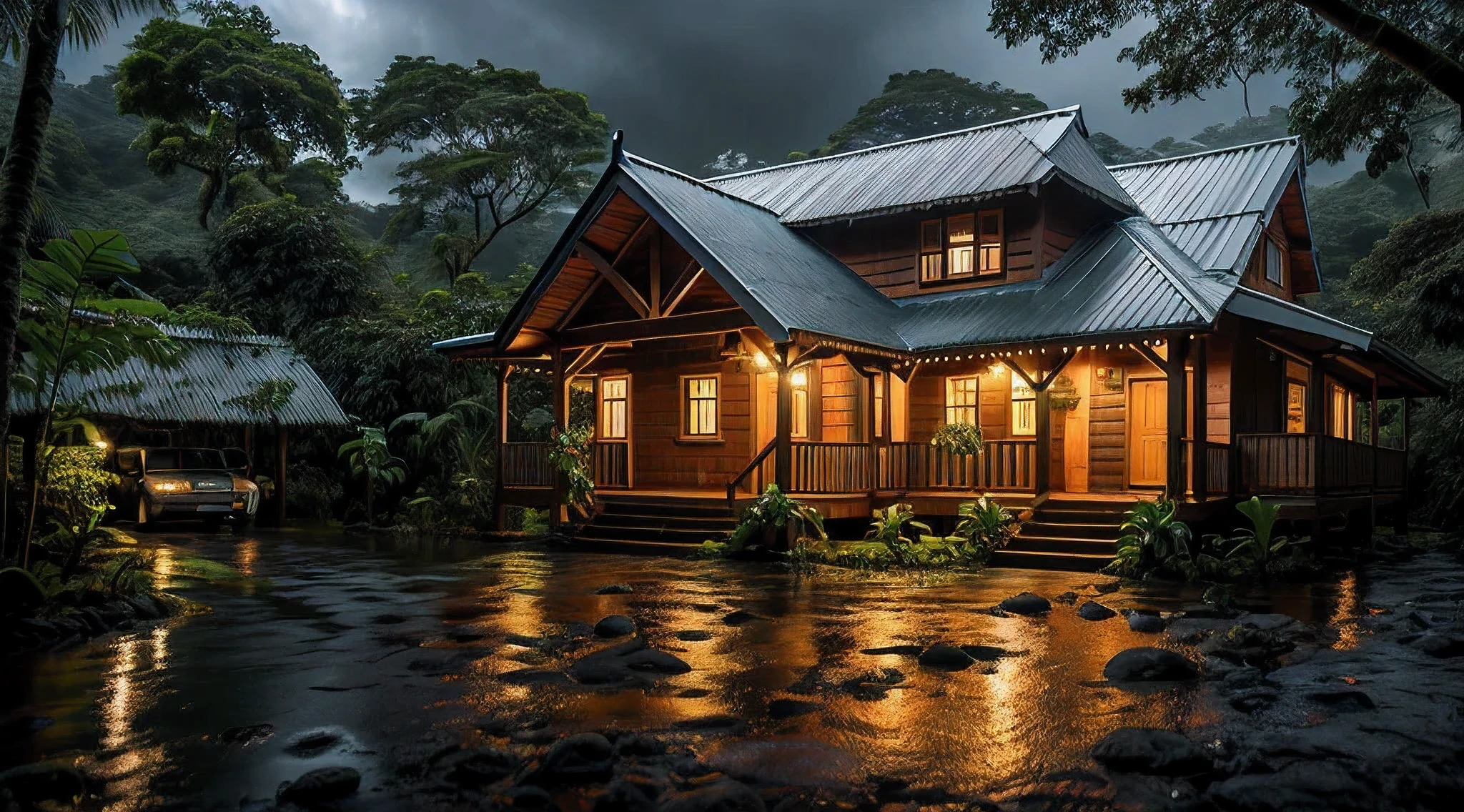 Vintage wooden house, lush small house, beautiful house, night, lights on, Costa Rica green rainforest, Heavy rain falling on the roof, Emphasizing the contrast between the natural environment and the rainwater flowing from the roof, dark scene after the rain, landscape wet, dark clouds, nature photography, Portrait with macro lens (Nikon AF -S VR Mini Nikkor 105mm f/ 2.8G IF) When aperture is f/5.6