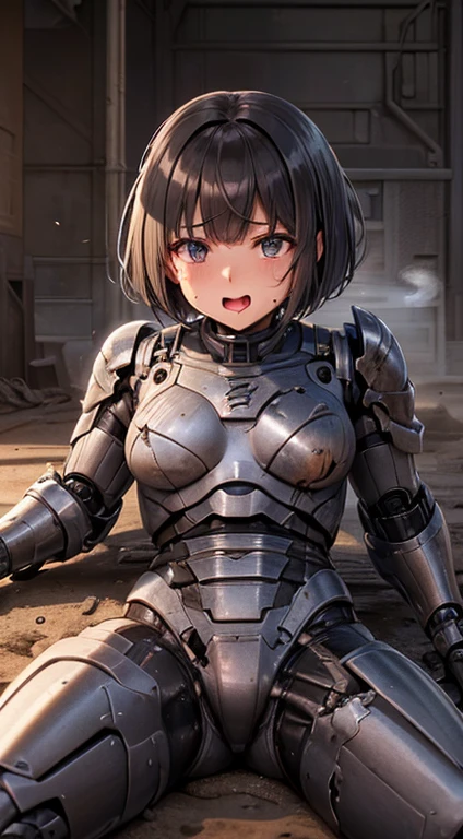 ((two elementary school girls))Textured skin, Super Detail, high details, High quality, Best Quality, hight resolution, 1080p, , (lying back on)Beautiful,(War Machine),beautiful cyborg woman,Mecha Cyborg Girl,()((heavily damaged armor)),A woman with a feminine mechanical body、Gentle face　A dark-haired,Fulll body Shot)、、Very sweaty face、groggy expression、laying on back、Turn your face at an angle、Opening Mouth((put out the tongue)、Smoke comes from the whole body((Deep cracks in the armor of the whole body))(short-haired　Opening legs　The  is visible