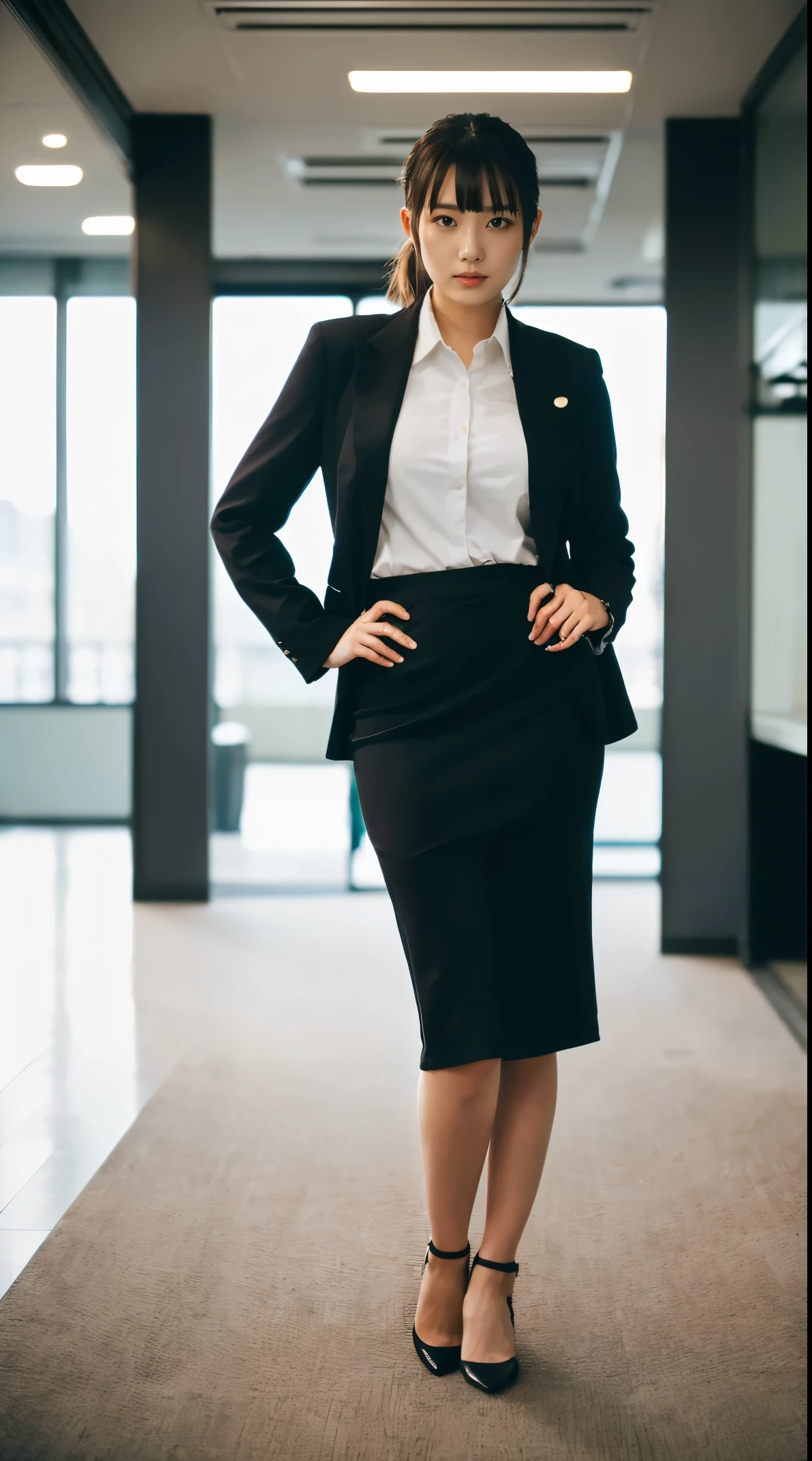 (masutepiece,High quality:1.3),(depth of fields:1.3) ,((front body:1.35)),  Japanese ,Woman,Chignon, (Women&#39;s Business Black Suit Midi Skirt ,Collared shirt:1.2),Huge breasts,(Looking at Viewer:1.3),(Full body:1.2),in a office