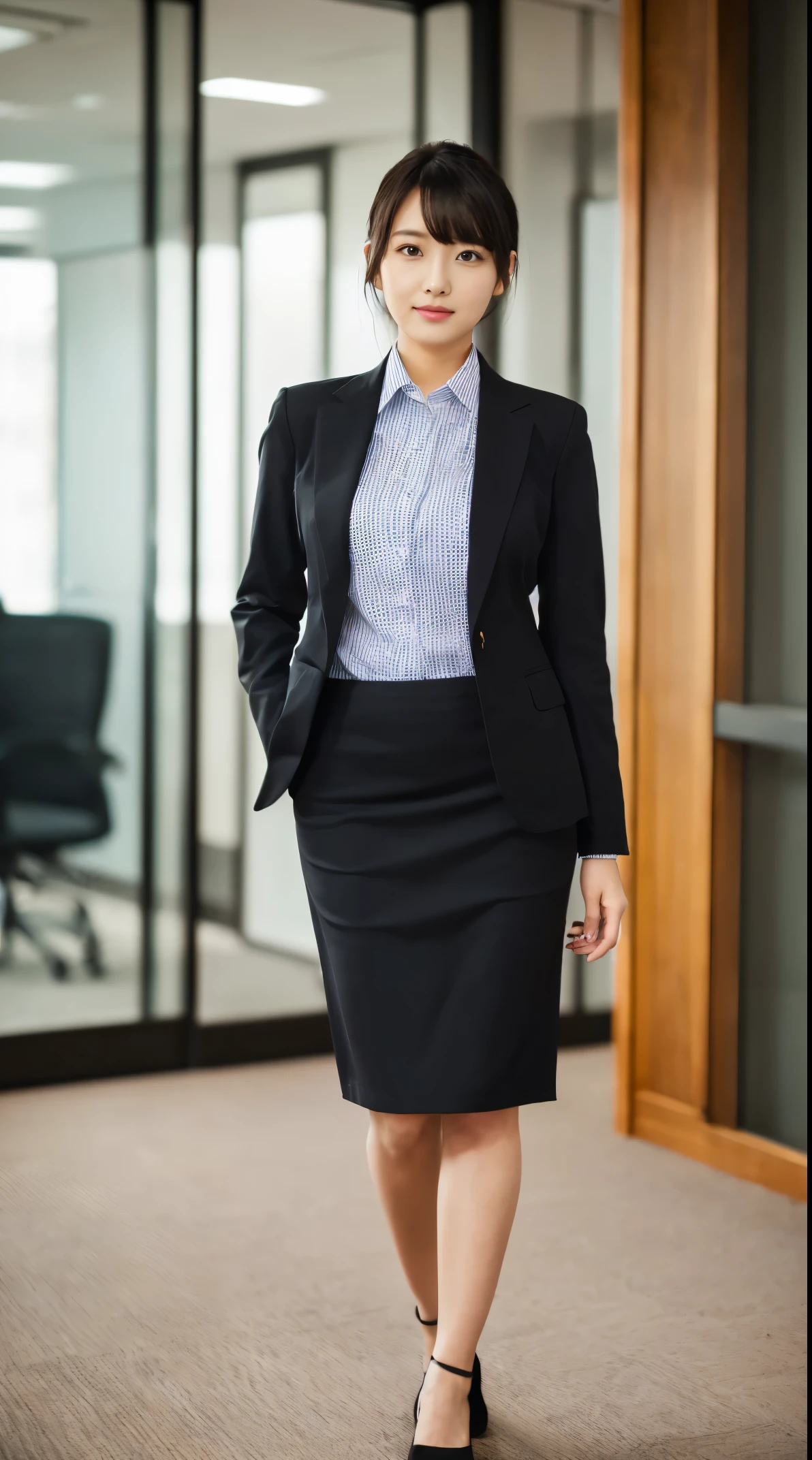 (masutepiece,High quality:1.3),(depth of fields:1.3) ,((front body:1.35)),  Japanese ,Woman,Chignon, (Women&#39;s Business Black Suit Midi Skirt ,Collared shirt:1.2),Huge breasts,(Looking at Viewer:1.3),(Full body:1.2),in a office