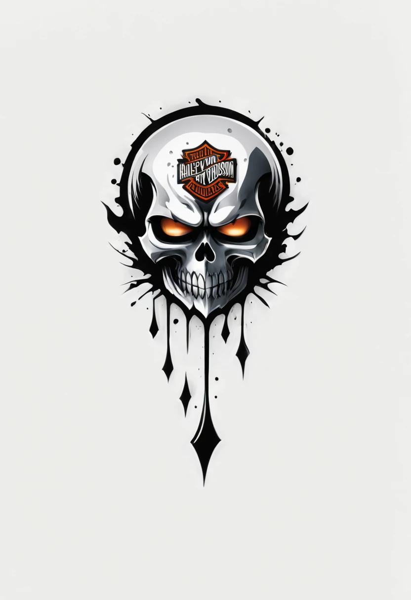 Harley Davidson logo design,t shirt design,horror style,design only,white background,no model,professional,high contrast,high-res,ultra-detailed,vivid colors,metallic accents,sharp focus,edgy,dynamic composition,gritty texture,rough brush strokes,mechanical elements,chrome effect,classic typography,retro style,distressed look,aggressive lines and curves,3D rendering,striking visual impact,dark shadows,strong branding presence,monochromatic palette,industrial aesthetic