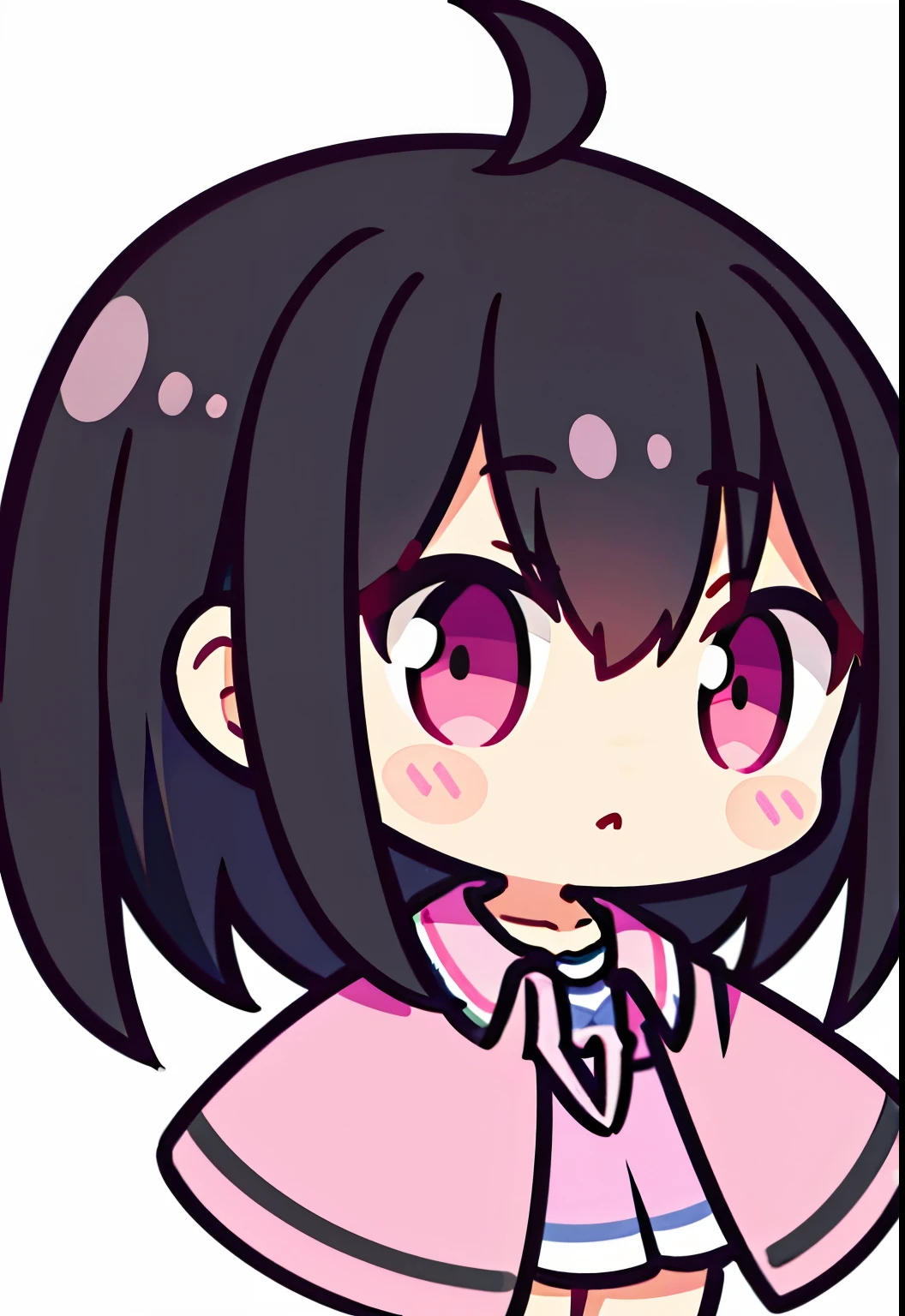 chibi, 1girl, anime girl, black hair, short hair, short twintail, pink eyes, casual outfit, white outfit, short skirt, shoes, white sock, long sock, full body, blank background