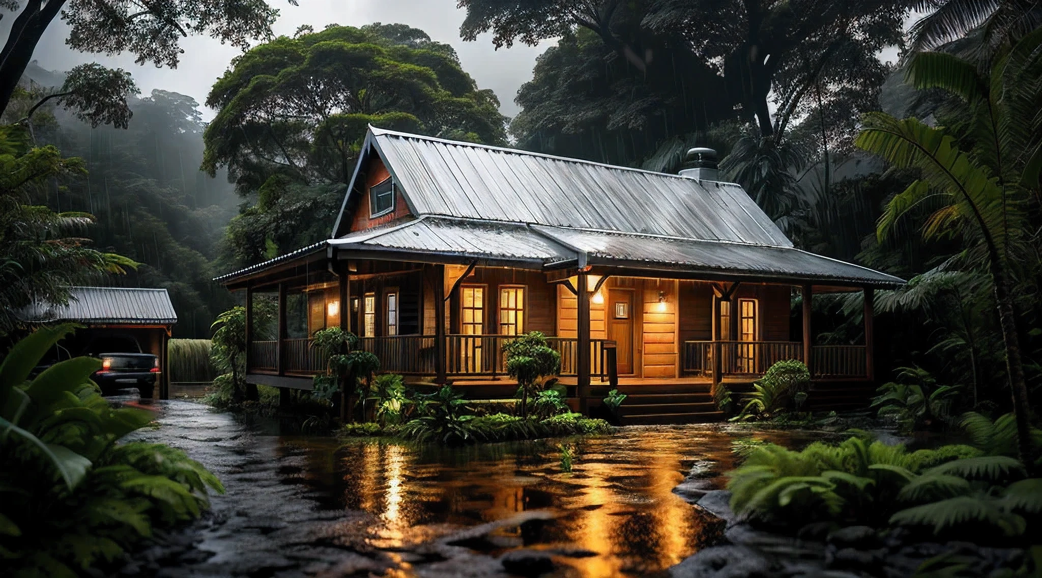 Vintage wooden house, lush small house, beautiful house, night, lights on, Costa Rica green rainforest, Heavy rain falling on the roof, Emphasizing the contrast between the natural environment and the rainwater flowing from the roof, dark scene after the rain, landscape wet, dark clouds, nature photography, Portrait with macro lens (Nikon AF -S VR Mini Nikkor 105mm f/ 2.8G IF) When aperture is f/5.6