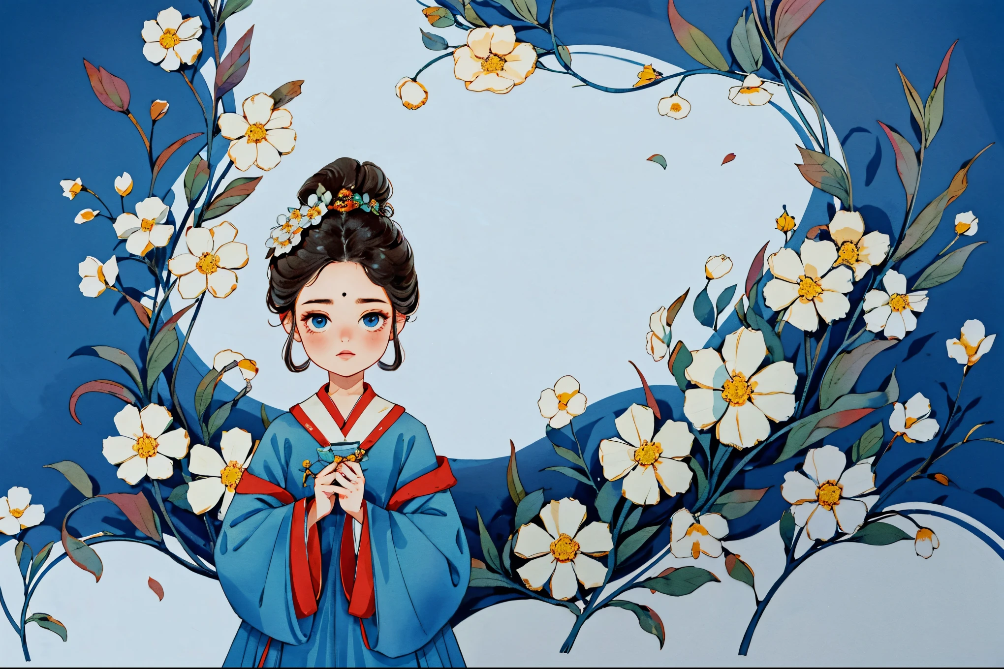 1 Sister, Alone, looking at viewert, face flushed, Background with, black hair color hair, hair adornments, longer sleeves, white backgrounid, Eternal, Full body lesbian, Blooming flowers, hairflower, hair-bun, butterflys, tmasterpiece, recent quality, The finest details, Clear facial features, beautidful eyes