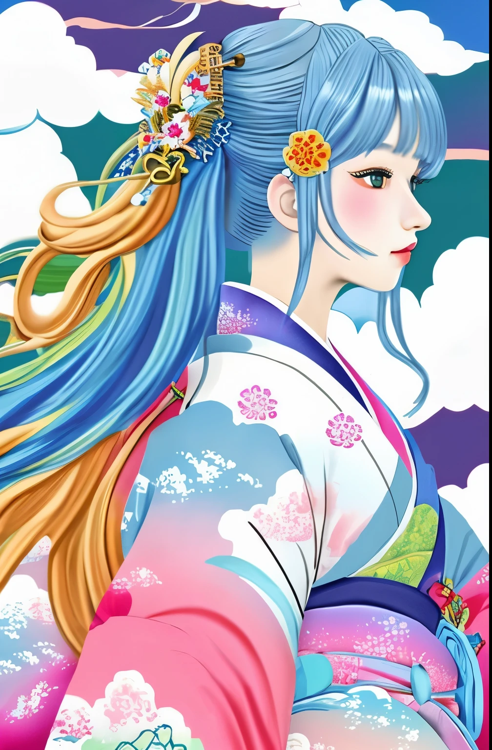 1girl, Colorful Kimono, Colorful hair ornaments, The background is a cloud-and-dragon pattern,