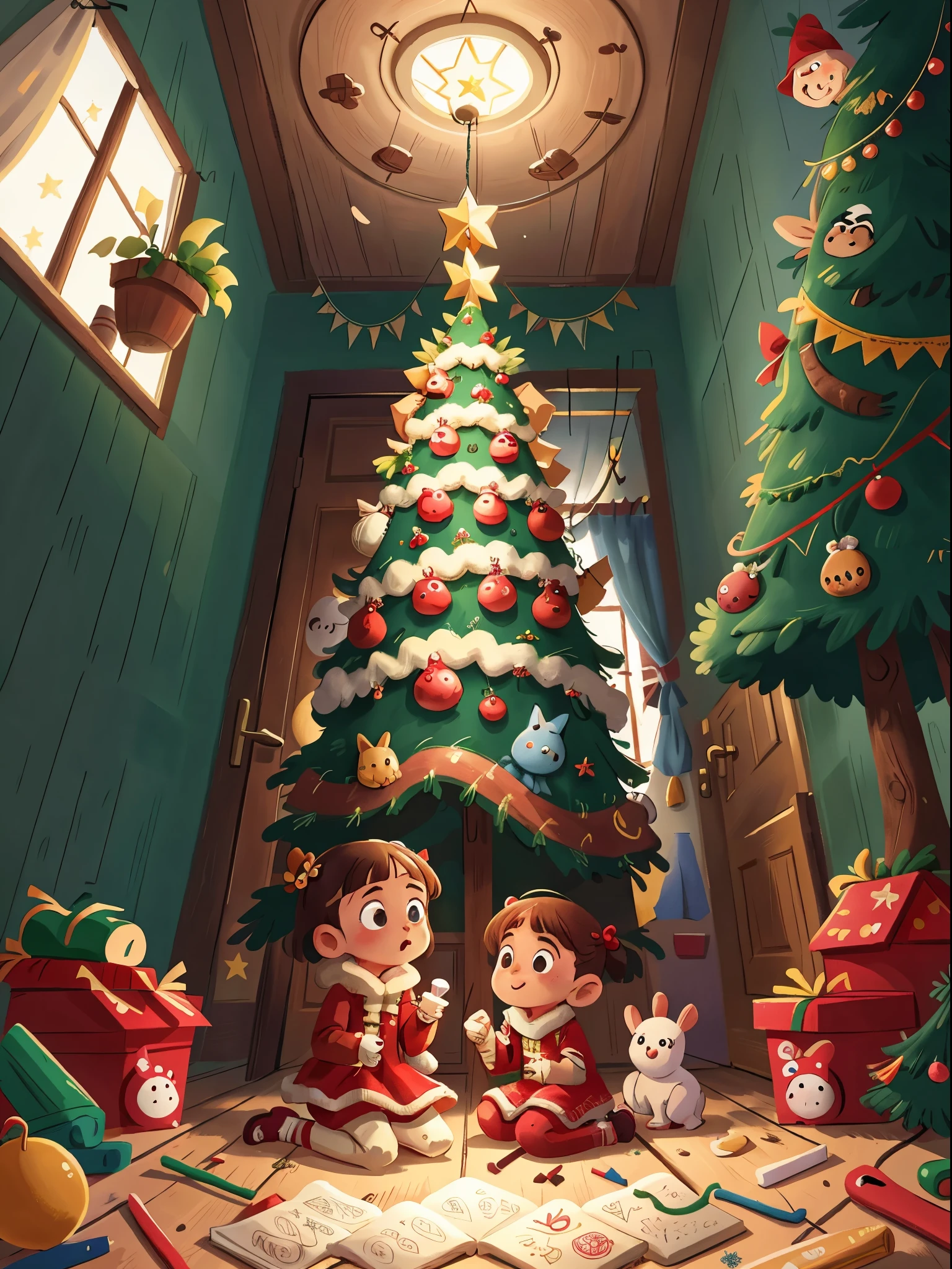 Winters,Christmas illustration,Two children decorating Christmas tree,genius shooting shooting,8K,inside the house