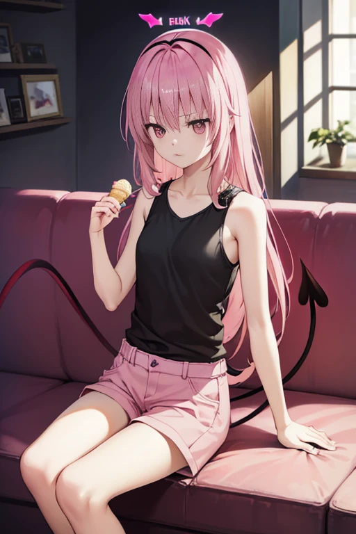 Nana Devilke, Nana That Deviloke, tusk, Long hair, (Pink eyes:1.5), Pink hair, Twin-tailed，Best Quality, High resolution, Unity 8k壁纸, (Illustration:0.8), (Perfect hands, Perfect Anatomy),sleeveless，shortpants，devil tail，inside the house，sitting on the sofa and eating ice cream