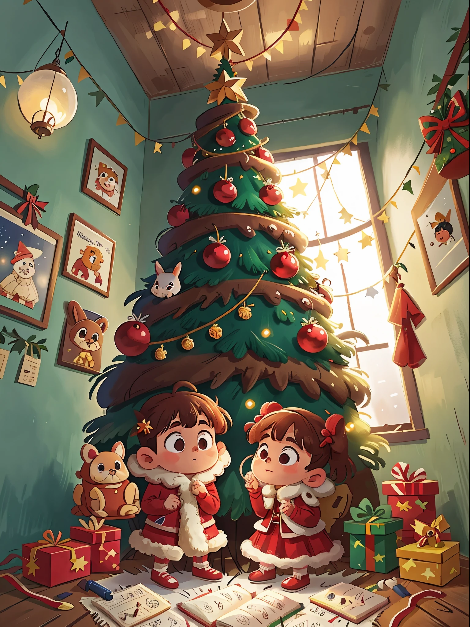 Winters，Christmas illustration，Two children decorating Christmas tree，genius shooting shooting，8K，inside the house