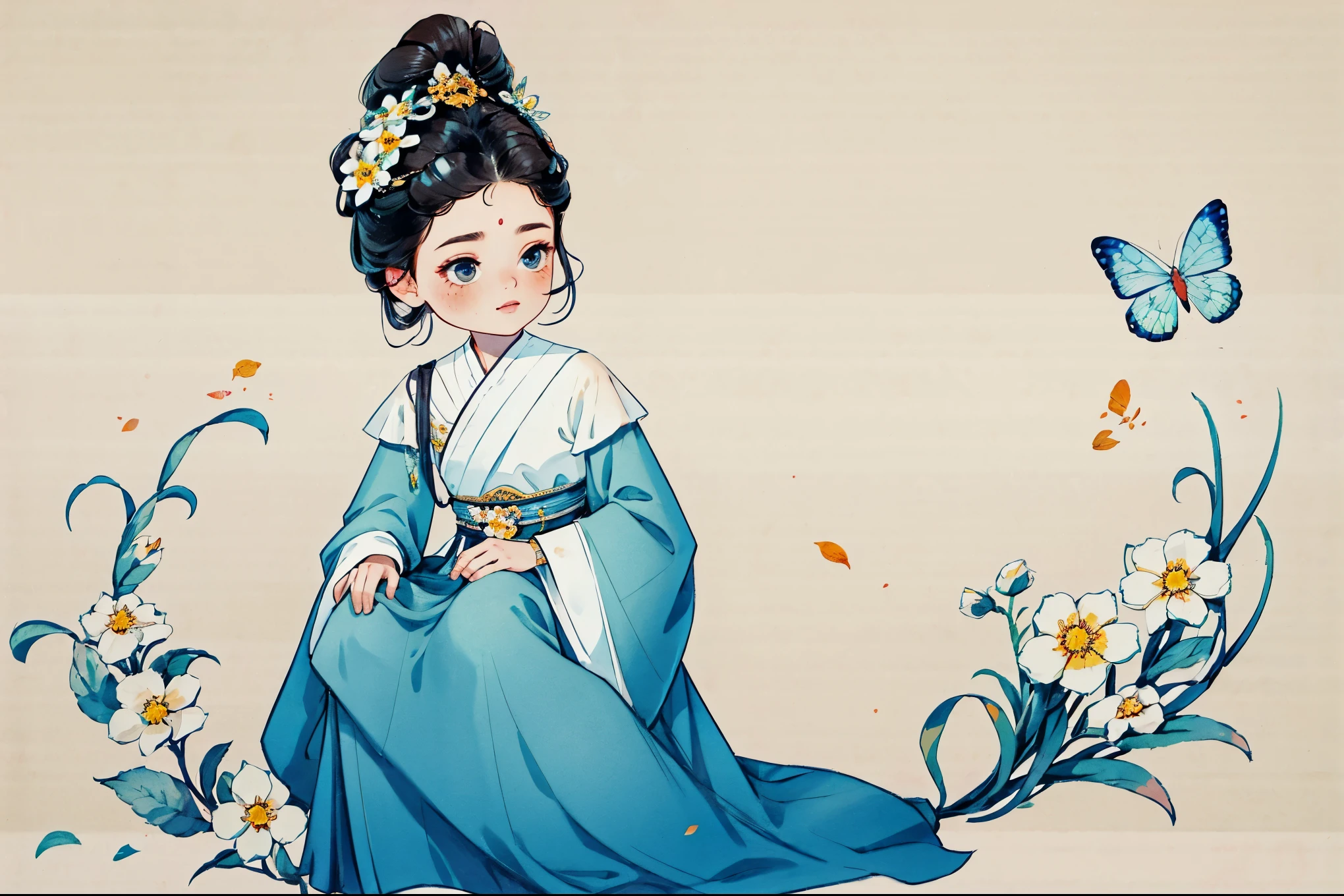 1 Sister, Alone, looking at viewert, face flushed, Background with, black hair color hair, hair adornments, longer sleeves, white backgrounid, Eternal, Full body lesbian, Blooming flowers, hairflower, hair-bun, butterflys, tmasterpiece, recent quality, The finest details, Clear facial features, beautidful eyes