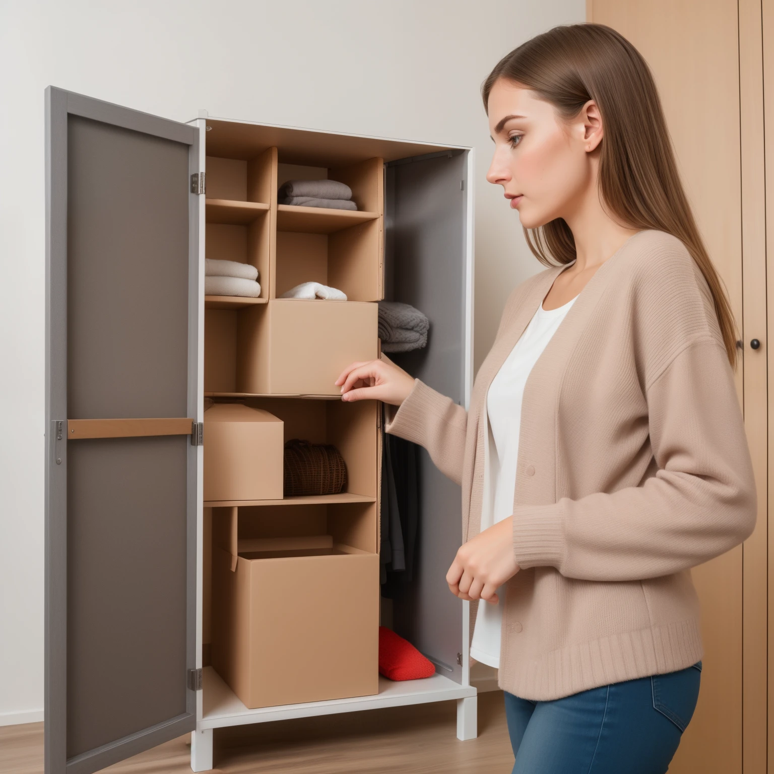 Realistic product usage photos, Woman at home looking at storage boxes on wardrobe shelf, Hand on the handle of the box, Easy to use, high qulity, Light warm tones,product introduction photos, Easy to understand, stunning visuals, wide range of colors, vibrant and vivid, elegant appearance, Young woman