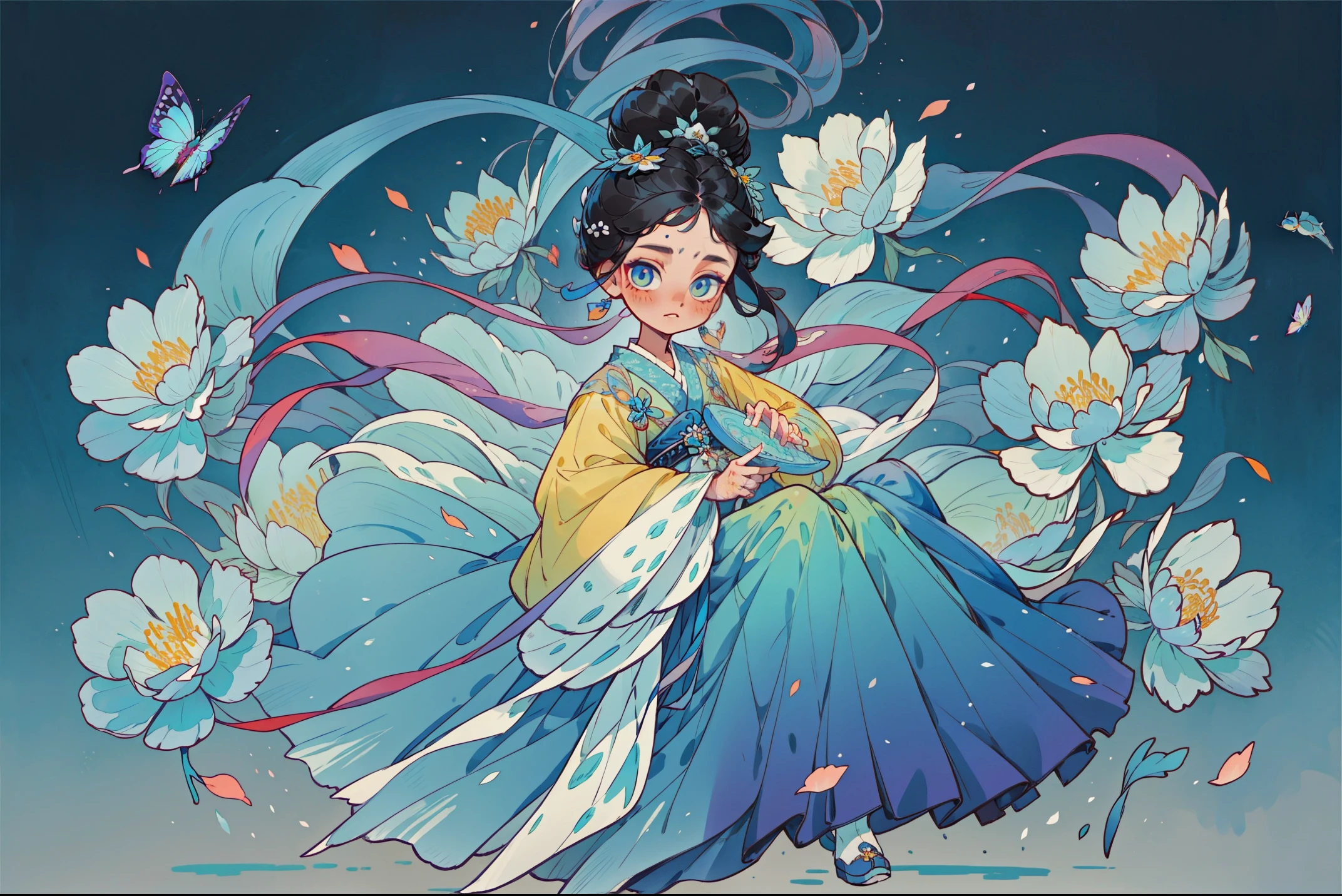 1 Sister, Alone, looking at viewert, face flushed, Background with, black hair color hair, hair adornments, longer sleeves, white backgrounid, Eternal, Full body lesbian, Blooming flowers, hairflower, hair-bun, butterflys, blue hanfu, tmasterpiece, recent quality, The finest details, Clear facial features, beautidful eyes