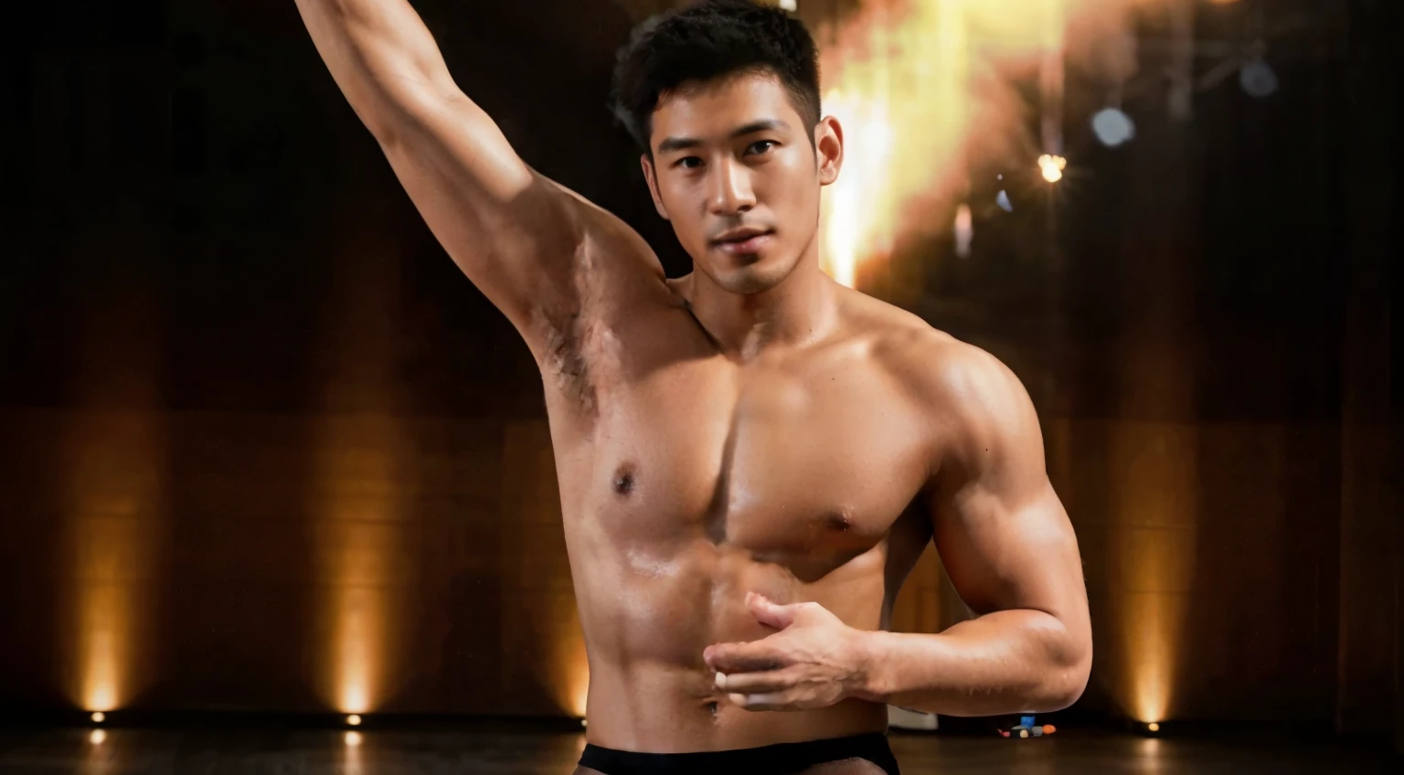 Young Asian man, approximately 35 years old. A muscular figure is dancing without clothes on. Dancing on a large, shimmering stage, with a beard and a chest full of hair. Wear black underwear