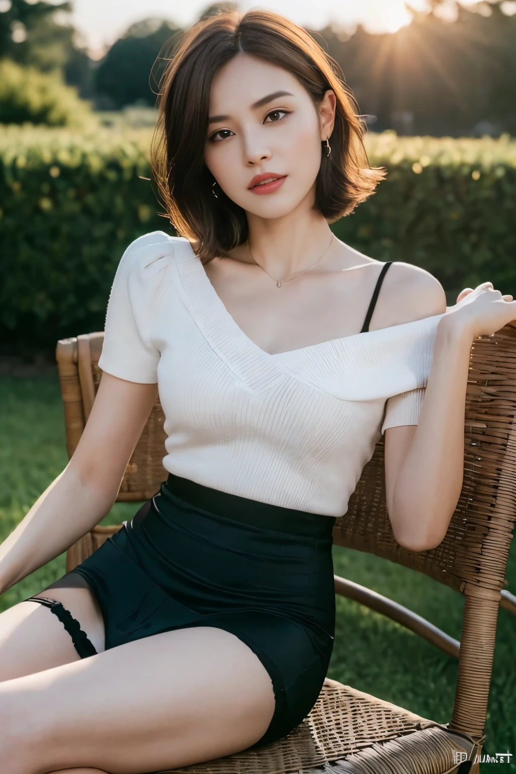 ((top-quality、8K、masterpiece: 1.erfect Body Beauty: 1.4、Slender Abs: 1.2、Beautiful woman with slender abs:1.3、(Highlight Haircutreast B Cup:1.2), medium breast, round shape breast, perfect shape breast, ((white shirt, deep neck line )), (((black pencil skirt))), necklace, hyperdetailed face、18year old、 Pretty women、(Dark brown short-cut hair), Slim Face、Highly detailed facial and skin texture、very detailed lips、opens legs、top-quality、masterpiece、超A high resolution、(Photorealsitic:1.4), (((sitting on chair, see black panty))) long shot , (in park with blur background), bright background, sunset light,