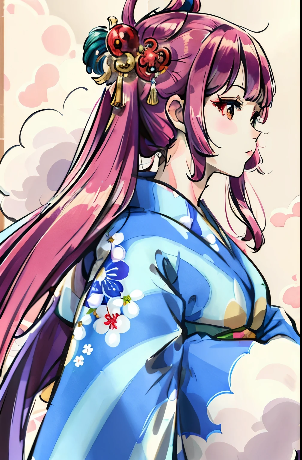 1girl, Colorful Kimono, Colorful hair ornaments, The background is a cloud-and-dragon pattern, (best quality, masterpiece, highres:1.3), detailed,bonian,