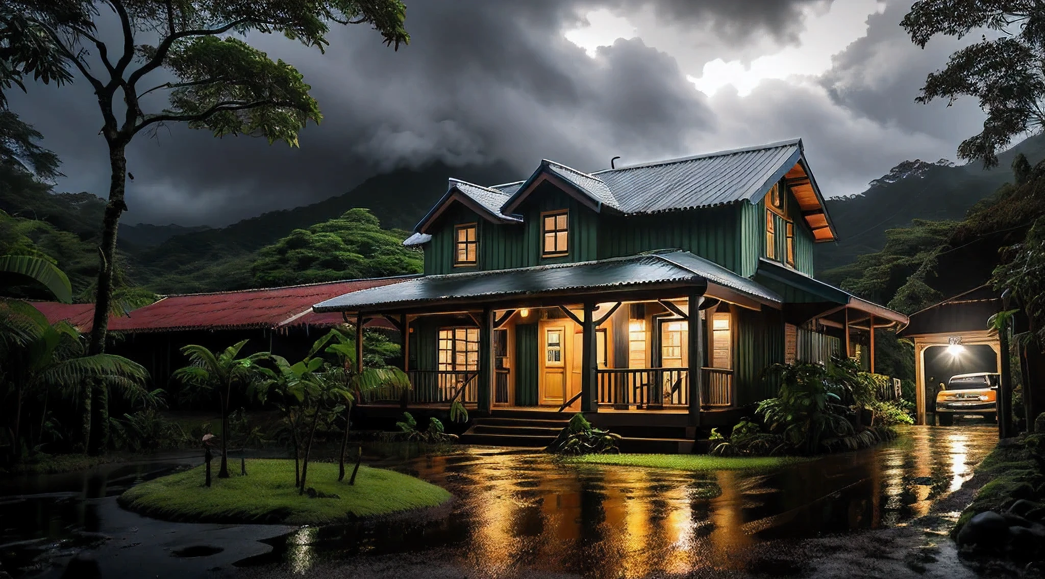 Vintage wooden house, lush small house, beautiful house, night, lights on, Costa Rica green rainforest, Heavy rain falling on the roof, Emphasizing the contrast between the natural environment and the rainwater flowing from the roof, dark scene after the rain, landscape wet, dark clouds, nature photography, Portrait with macro lens (Nikon AF -S VR Mini Nikkor 105mm f/ 2.8G IF) When aperture is f/5.6