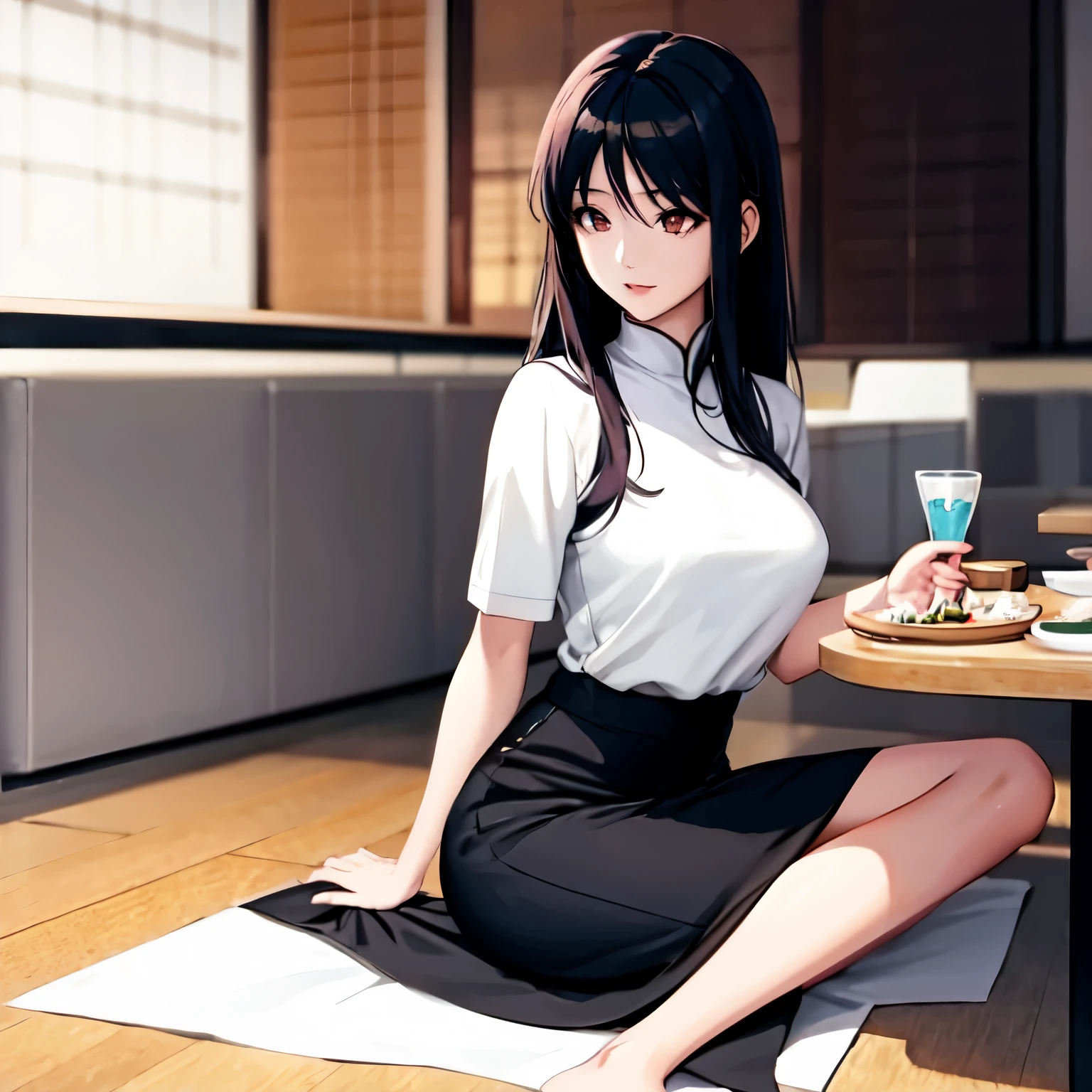 This image portrays Ngoc in the modern Vietnamese dining setting you've described, captured in the same anime-style, semi-realistic illustration style as before. She is making an effort to adapt to the traditional sitting position on the floor, dressed in her stylish, contemporary outfit, with Quan offering a supportive glance.