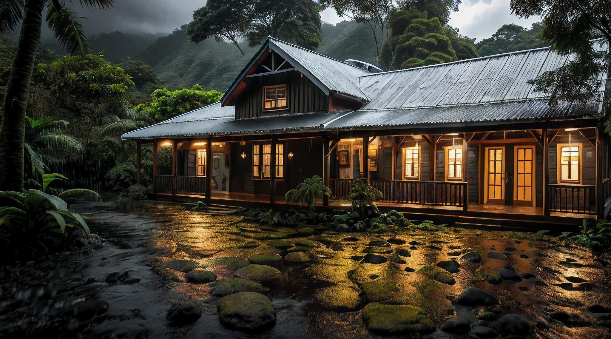 Vintage wooden house, lush small house, beautiful house, night, lights on, Costa Rica green rainforest, Heavy rain falling on the roof, Emphasizing the contrast between the natural environment and the rainwater flowing from the roof, dark scene after the rain, landscape wet, dark clouds, nature photography, Portrait with macro lens (Nikon AF -S VR Mini Nikkor 105mm f/ 2.8G IF) When aperture is f/5.6