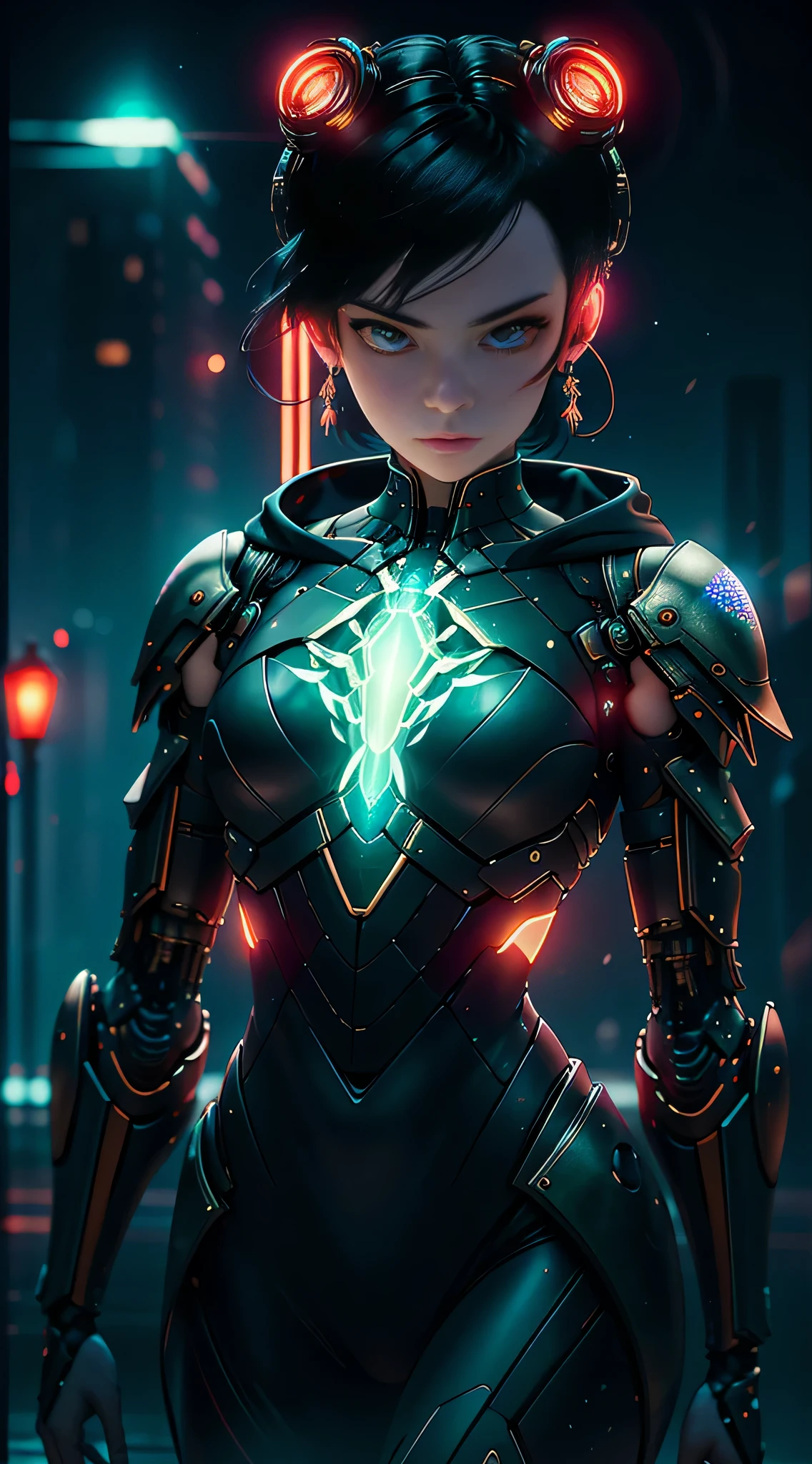 female character, detailed eyes, perfectly detailed face, mature face, athletic body, looking at viewers, full body villain pose:1.32, denoising of strength:1.45, iridescent lighting,  hood, cyberpunk, red neon, dark, eyes coming out fire, best quality, masterpiece, trending on Art station, BREAK, Detailed, Realistic, 32k ultra hd detailed digital art, octane render, bioluminescent, cinematic lighting BREAK 8K resolution concept art, realism, by Mappa studios, masterpiece, best quality, official art, illustration, ligne claire, (cool_color),perfect composition, fantasy, focused,