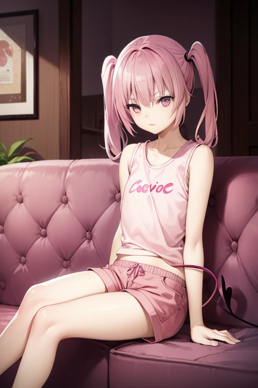 Nana Devilke, Nana That Deviloke, tusk,  (Pink eyes:1.5), Pink hair, Long twin tails，Best Quality, High resolution, Unity 8k壁纸, (Illustration:0.8), (Perfect hands, Perfect Anatomy),sleeveless，shortpants，devil tail，inside the house，sitting on the sofa and eating ice cream