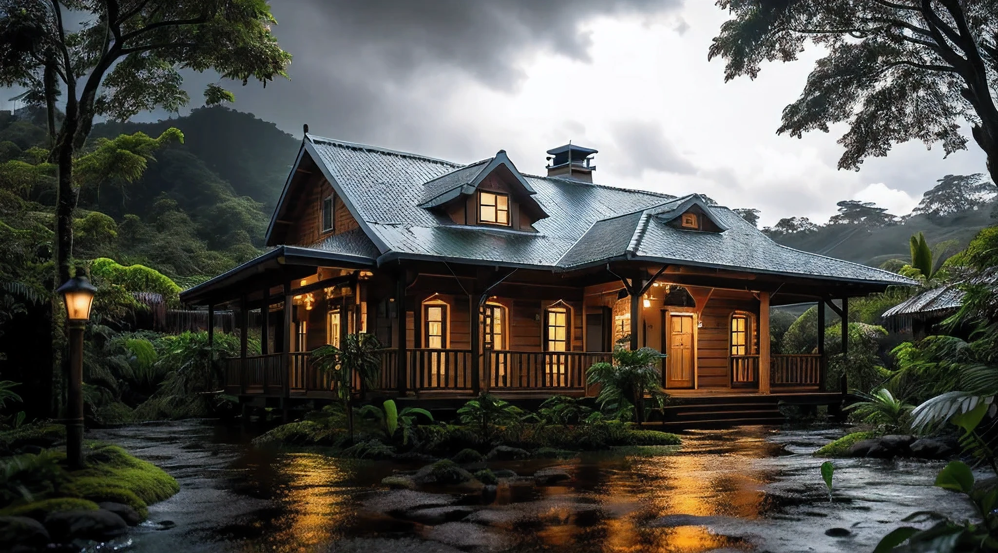 Vintage wooden house, lush small house, beautiful house, night, lights on, Costa Rica green rainforest, Heavy rain falling on the roof, Emphasizing the contrast between the natural environment and the rainwater flowing from the roof, dark scene after the rain, landscape wet, dark clouds, nature photography, Portrait with macro lens (Nikon AF -S VR Mini Nikkor 105mm f/ 2.8G IF) When aperture is f/5.6