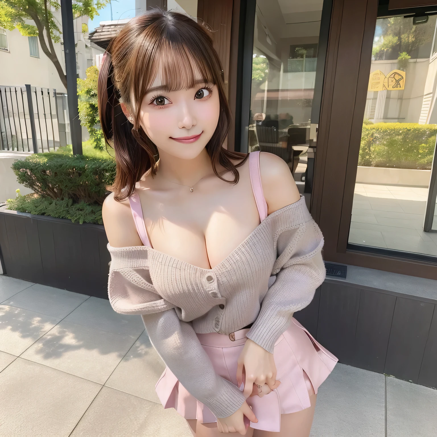 masutepiece, of the highest quality, ighly detailed, 1girl in, Cute, 18 years old, From below, NSFW, Underwear, Skirt, Smile, Solo, Brown hair, grey sweater, ピンクのSkirt, Looking at Viewer, Pink Panties, Bare shoulders, Hair bun, Double bun, pantyshot, off shoulders, plein air, ミニSkirt, off shouldersセーター, Skirt, skyporn, 牙, Short hair, Colossal tits 、Pink panty、grey sweater、牙を見せて笑っている