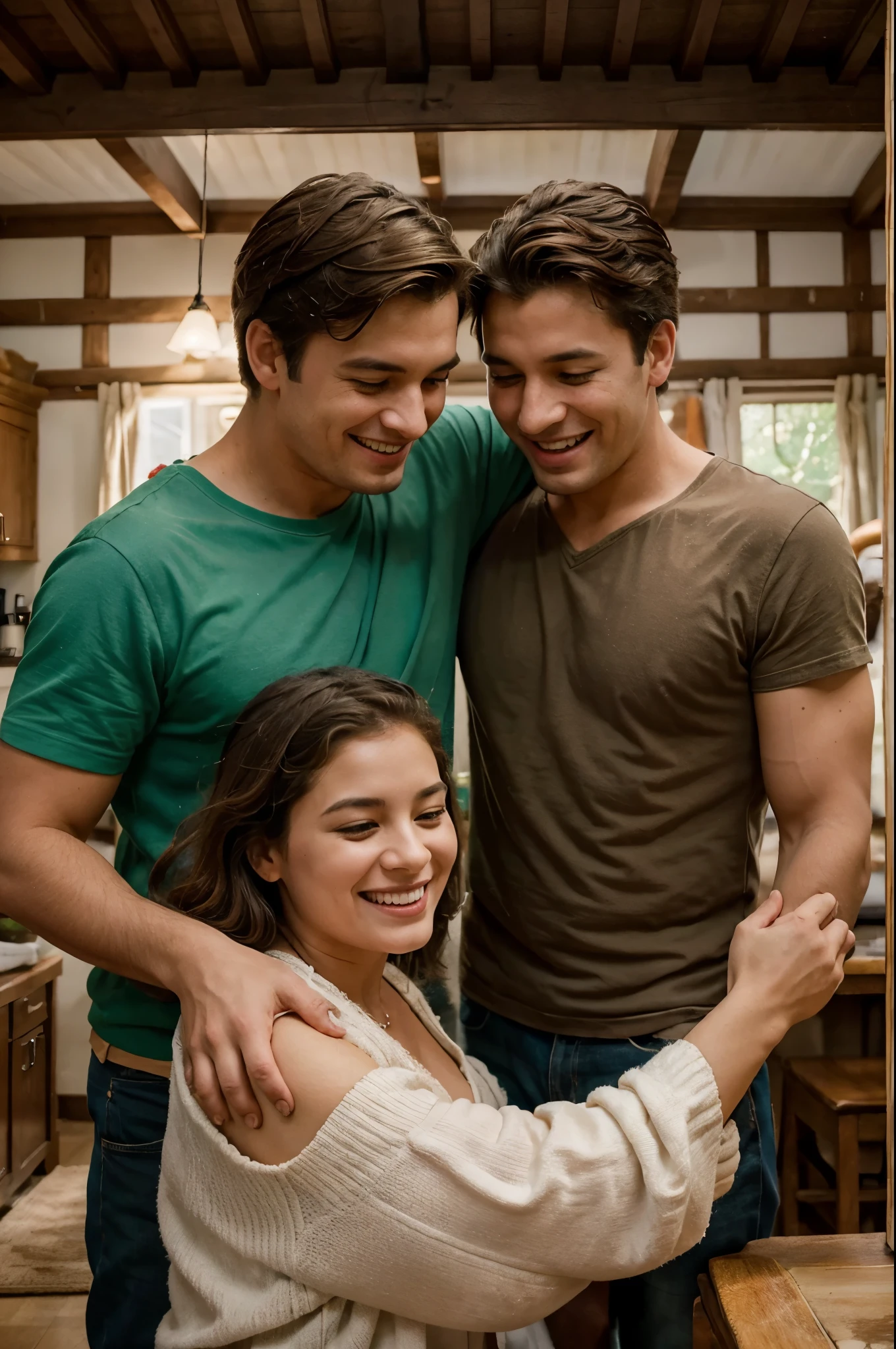 Family portrait, beautiful 37 years old wife and 44 years old handsome dad with a 20 yrs old teenage daughter, and 19 years old boy, happy, laughing, smiling