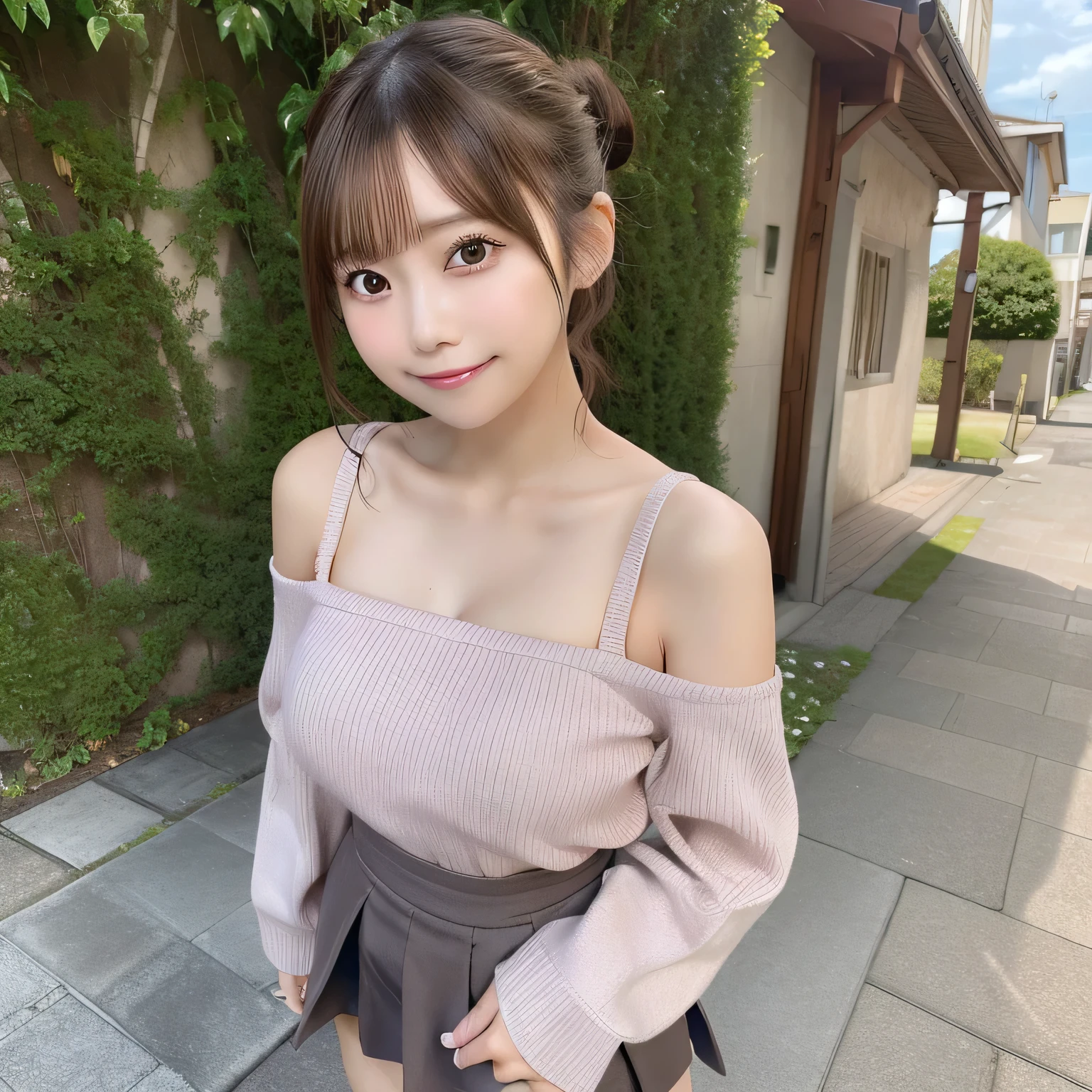 masutepiece, of the highest quality, ighly detailed, 1girl in, Cute, 18 years old, From below, NSFW, Underwear, Skirt, Smile, Solo, Brown hair, grey sweater, ピンクのSkirt, Looking at Viewer, Pink Panties, Bare shoulders, Hair bun, Double bun, pantyshot, off shoulders, plein air, ミニSkirt, off shouldersセーター, Skirt, skyporn, 牙, Short hair, Colossal tits 、Pink panty、grey sweater、牙を見せて笑っている