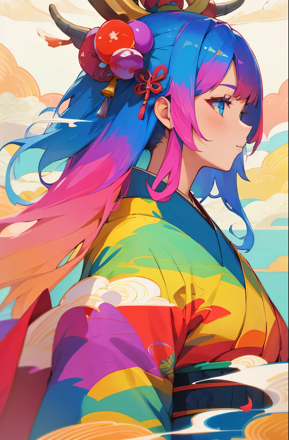 1girl, Colorful Kimono, Colorful hair ornaments, The background is a cloud-and-dragon pattern, (best quality, masterpiece, highres:1.3), detailed,