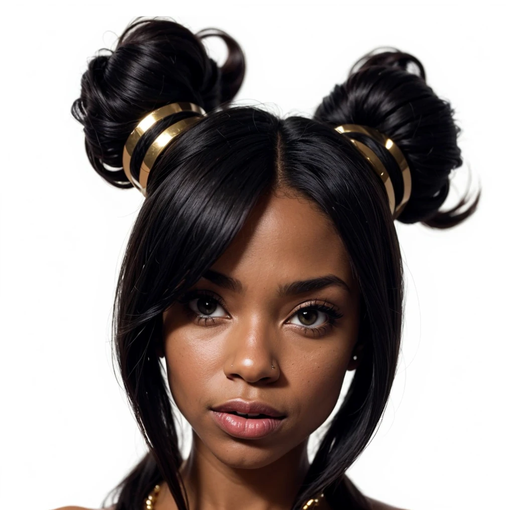 a black American girl with two black ponytails, wearing gold lipstick