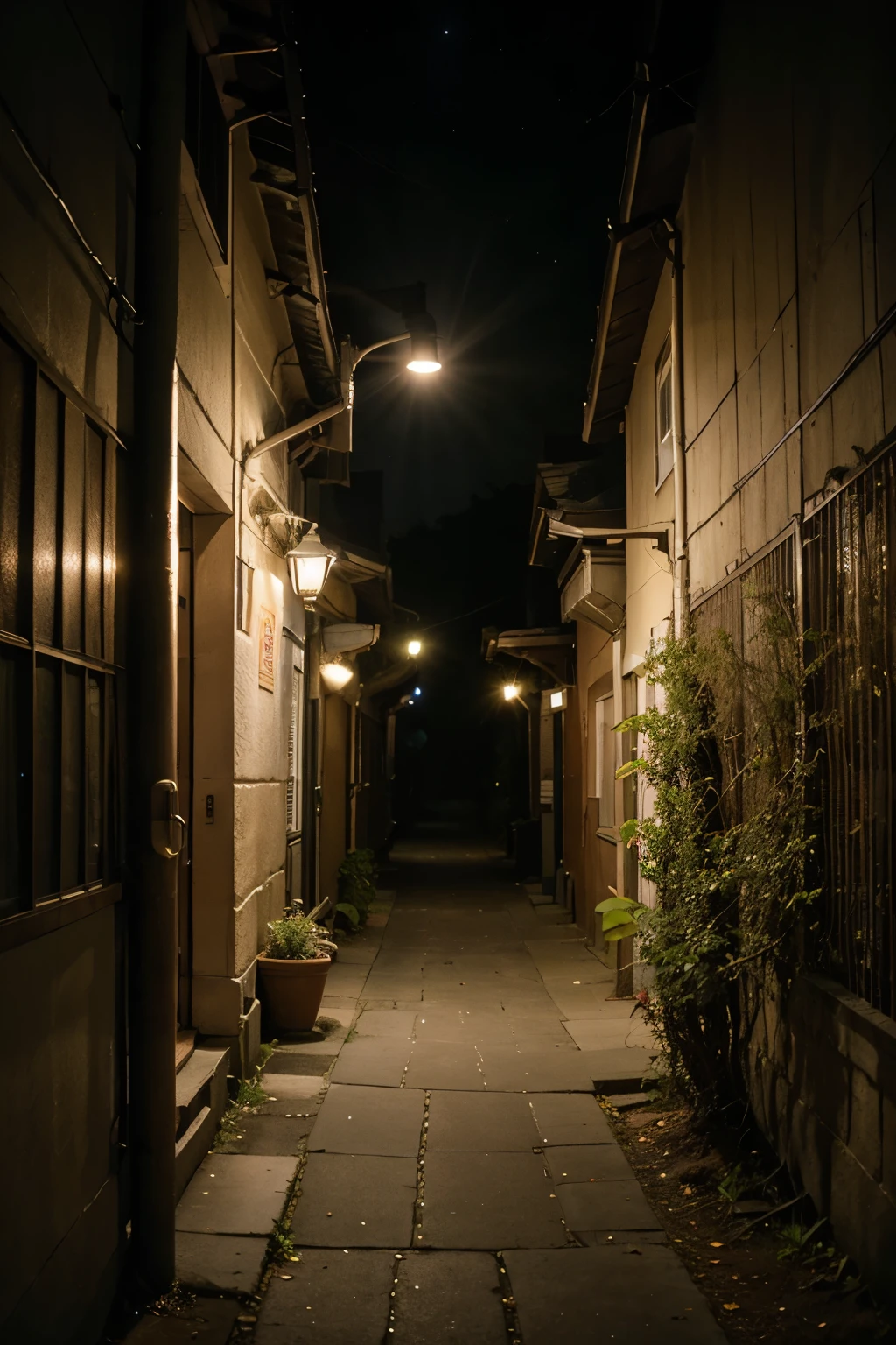 Realistic night photography of a shady alley full of trees, iluminado por poucos postes de luz amarela.