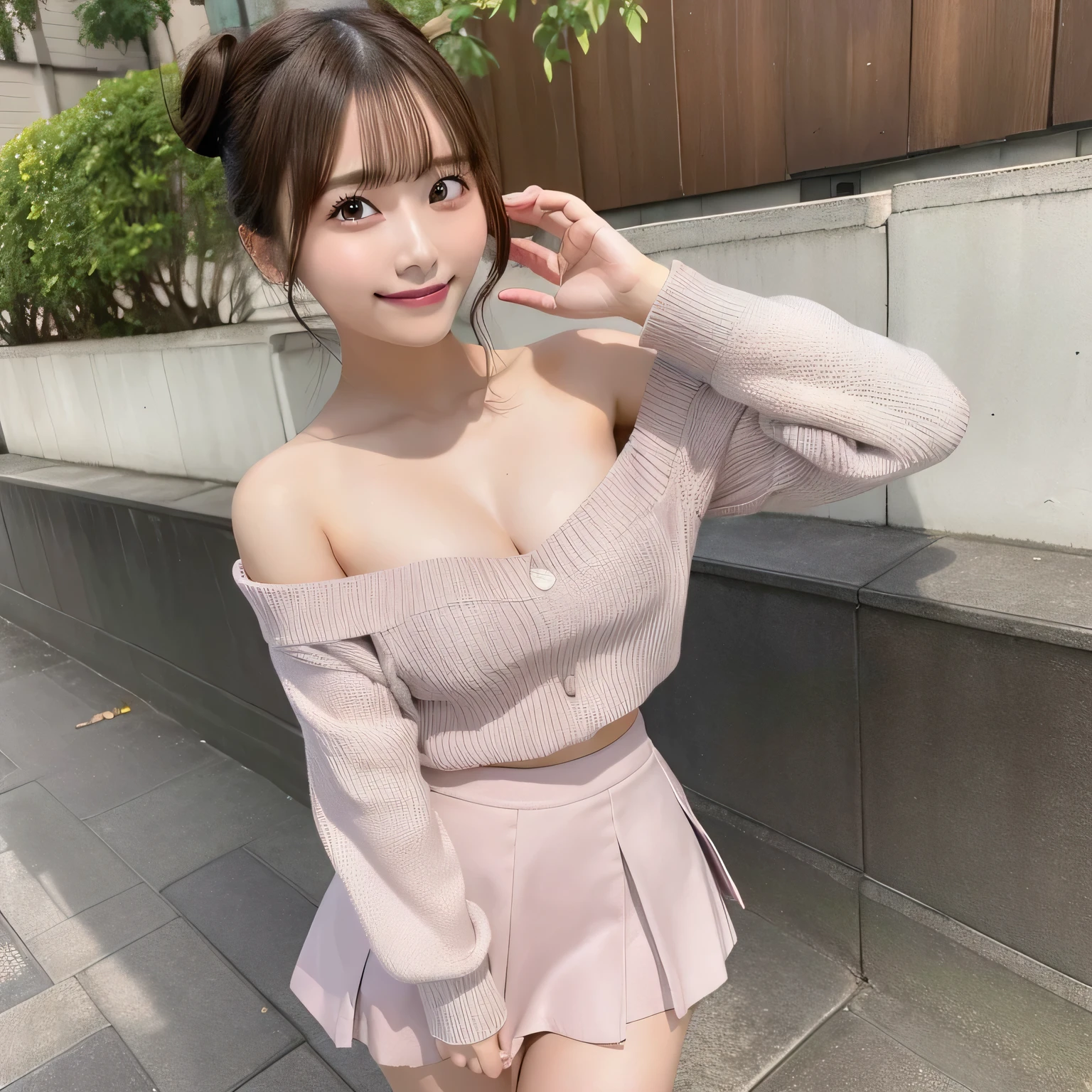masutepiece, of the highest quality, ighly detailed, 1girl in, Cute, 18 years old, From below, NSFW, Underwear,  Skirt, Smile, Solo, Brown hair, grey sweater, ピンクのSkirt, Looking at Viewer, Pink Panties, Bare shoulders, Hair bun, Double bun, pantyshot, off shoulders, plein air, ミニSkirt, off shouldersセーター, Skirt, skyporn, 牙, Short hair, Colossal tits 、Pink panty、grey sweater、A smile