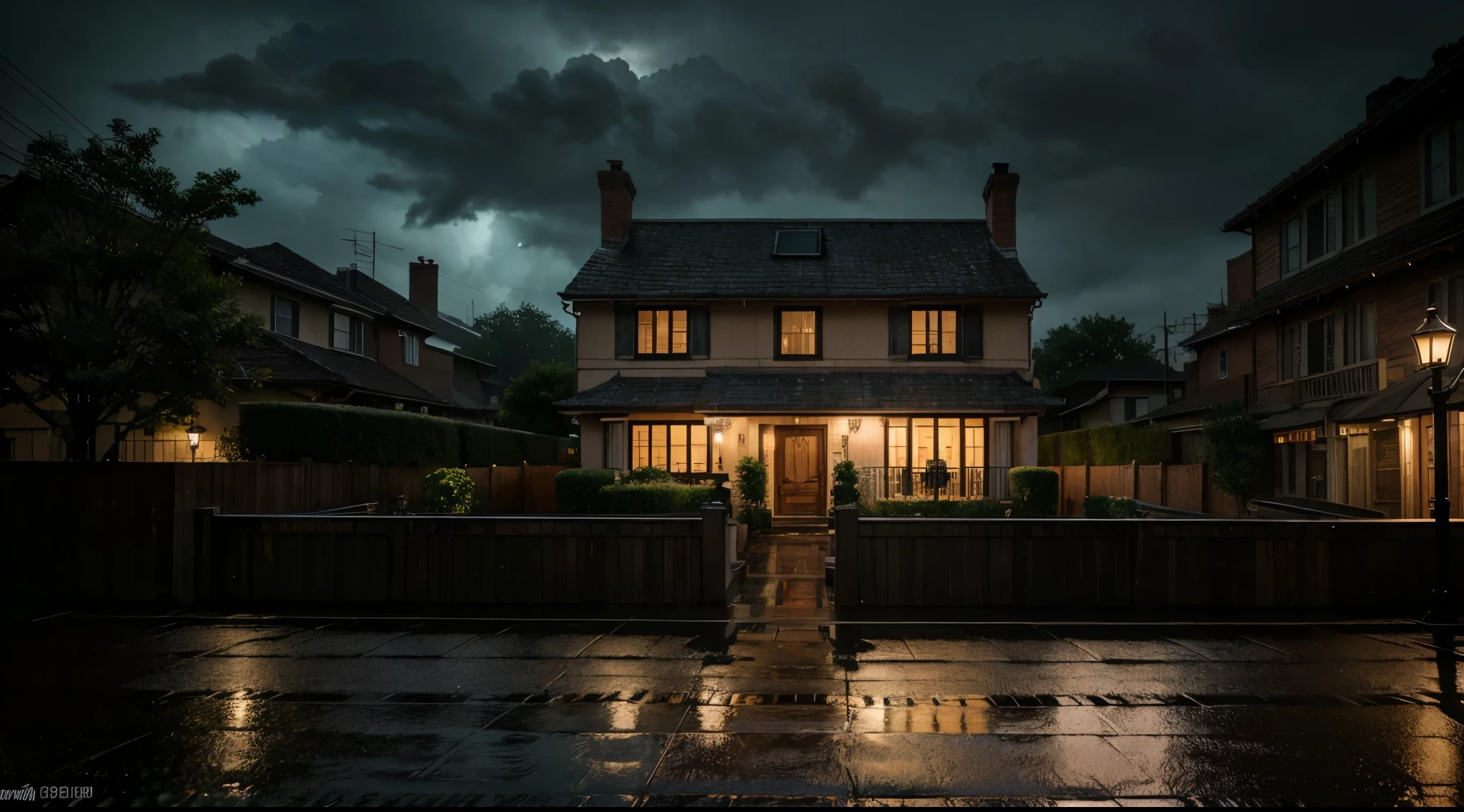 (best quality,4k,8k,highres,masterpiece:1.2),ultra-detailed,(realistic,photorealistic,photo-realistic:1.37),a house in the city,viewed from the street,night,rainy,
brick exterior,beautifully lit windows,reflection of streetlights on the wet pavement,glowing streetlamp illuminating the scene,
heavy raindrops falling from the sky,creating a shimmering effect,umbrellas in the hands of people passing by,adding a touch of color to the dark street,
dripping water from the eaves of the house,creating a sense of motion,steam rising from the city's sewer grates,adding a mysterious atmosphere,
silhouettes of people walking on the sidewalk,covered by their umbrellas,casting long shadows on the wet ground,
city skyline visible in the background,lights twinkling in the distance,conveying a sense of urban life even in the rain,
blurred car lights streaking by,creating a sense of movement and energy,
subtle colors with a cool-toned palette,enhancing the mood of a rainy night,rays of light breaking through the clouds,illuminating certain areas with a warm glow,
a sense of tranquility and coziness despite the bad weather,giving the scene a peaceful and intimate atmosphere,
details of the house: wooden front door,curved staircase leading up to the entrance,flower pots on the windowsills,adding a touch of liveliness and personalization,
the sound of rain hitting the ground and the distant rumble of thunder,creating an immersive experience,
an overall impression of a rainy urban night,combining the beauty of architecture,weather,and city life.