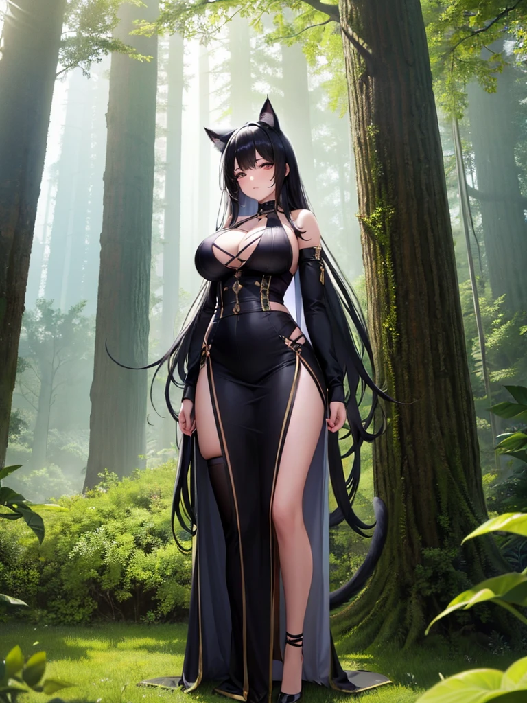 girl with black hair, cat ears, big breasts, arms crossed, looking at viewer, looking in front, full body, forest behind, two girls, another girl with brown hair, the other girl has a black witch costume, hd, 4k, high Quality,