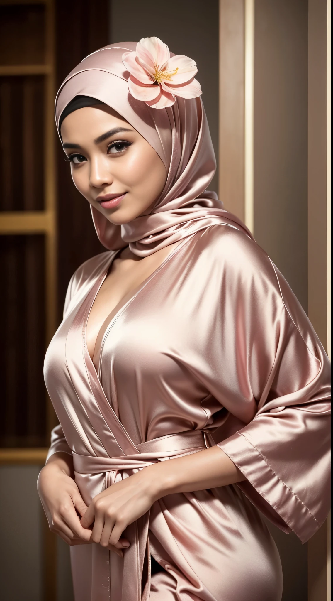 RAW, Best quality, high resolution, masterpiece: 1.3), beautiful Malay woman in hijab (iu:0.8),Best quality, high resolution, Masterpiece: 1.3, Beautiful Arab hijabi girl, Masterpiece, Soft smile,Beautiful Arab women wear Masterpiece, Best Quality, photography, Portrait, Realism, highly detailed, full length frame, High detail RAW color art, diffused soft lighting, shallow depth of field, sharp focus, hyperrealisma, a woman, beautifully, big eyes, big breast, Parted Lips, Challenge Eye, beautiful big eyes, long eye lashes, wearing ((headscarf)), loosely tide hijab style, ((brown satin shirt)), satin long maxi skirt, long blazer,
