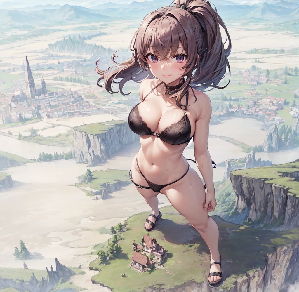 (village country from sky view: 1.2), (many buildings and villages from sky view: 1.1), (landscape village from sky view in front of a giantess breasts: 1.2), (landscape village from sky view on a tiny hill in front of the breasts of a giantess: 1.2), a giantess looming over a landscape village from sky view on a tiny hill, (tiny adventurers: 1.1), (landscape village from sky view on a tiny cliff in front of a girl: 1.1), (landscape village from sky view on a cliff: 1.1), (height_difference:1.2), (size_difference:1.1), giantess girls in the background, simple background, (dark deep forest:1.1), (giantess:1.1), giantess girls in the background, multiple girls, (giantess:1.1), hills, cliffs, dark forest, (giantess:1.2), thief girl, black thief clothing, smug smile, breasts, bra, hanging breasts, (shiny cleavage), (cleavage:1.2), breast squeeze, (sweaty breasts), her nipples are poking out, her breasts are huge and perfect, (nipples:1.1),