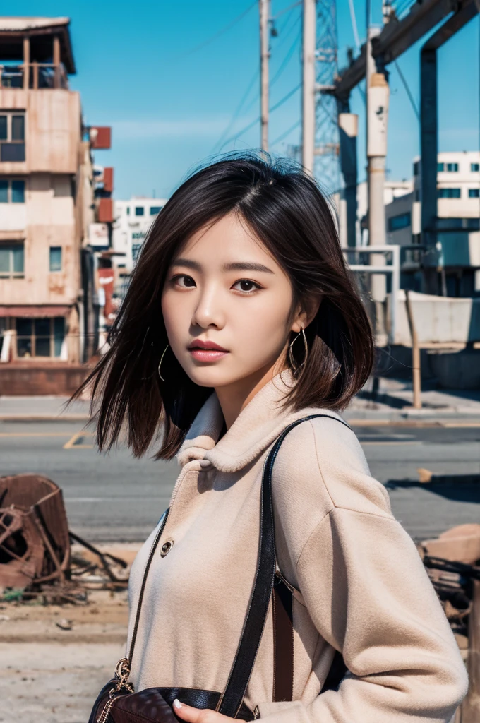 a woman in mode fashion, in front of an abandoned desolate port town,1 woman,.Korean idols, japanese beauty, high quality, (detailed face:1.4) best quality,8k,