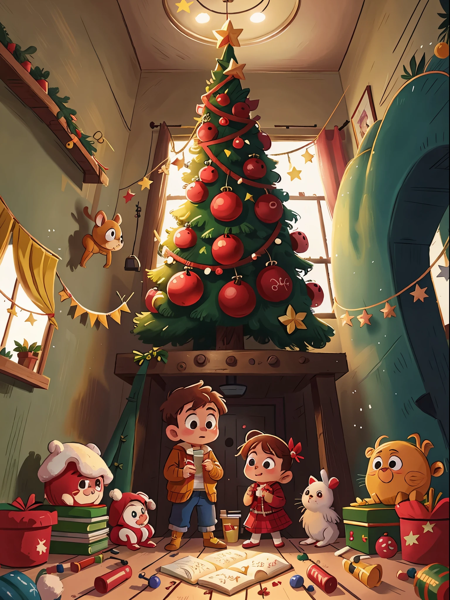 Winters,Christmas illustration,Two children decorating Christmas tree,genius shooting shooting,8K,inside the house