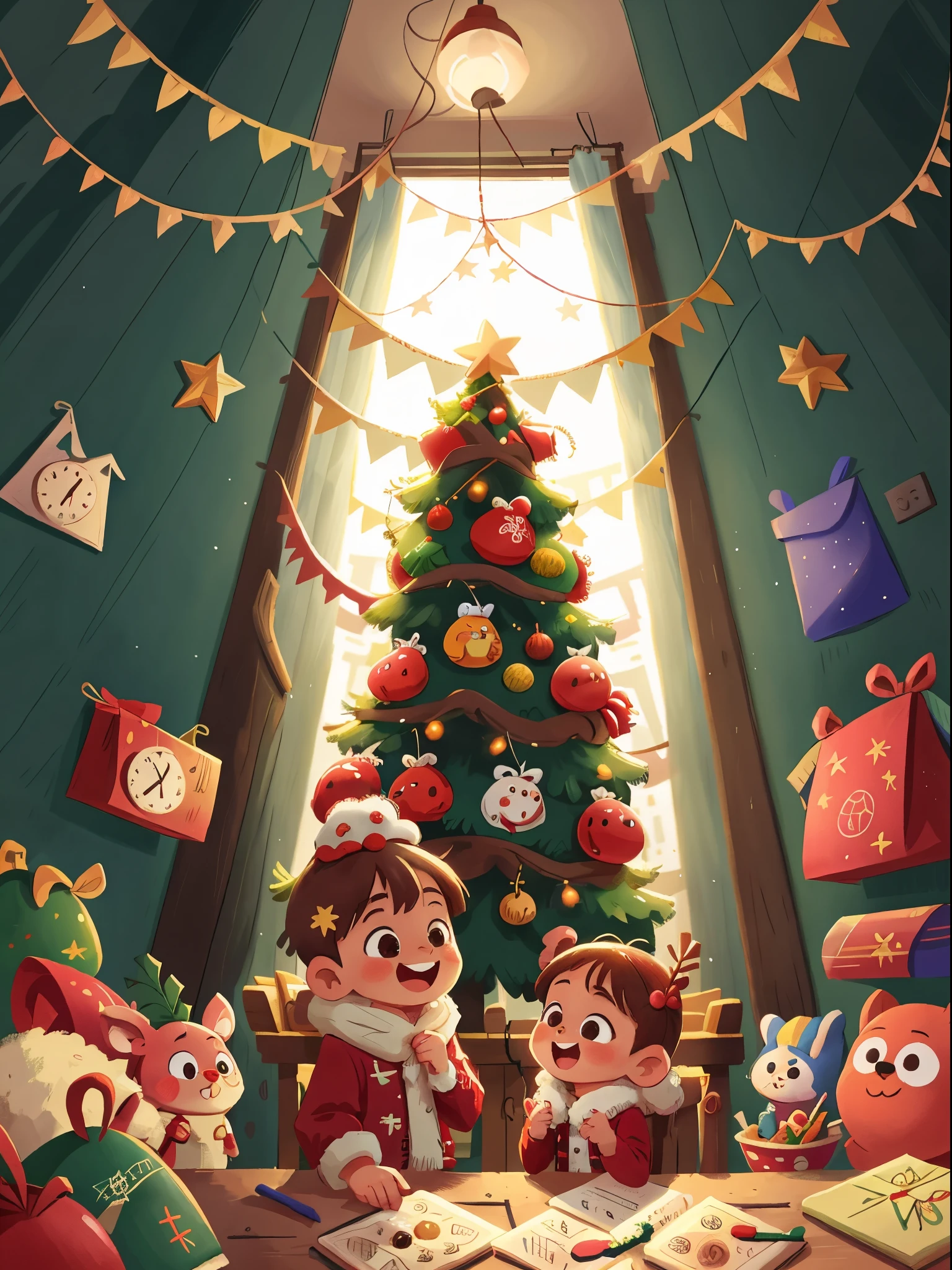 Winters，Christmas illustration，Two children decorating Christmas tree，gifts，cheerfulness的，Smiling，cheerfulnesedium shot，8K