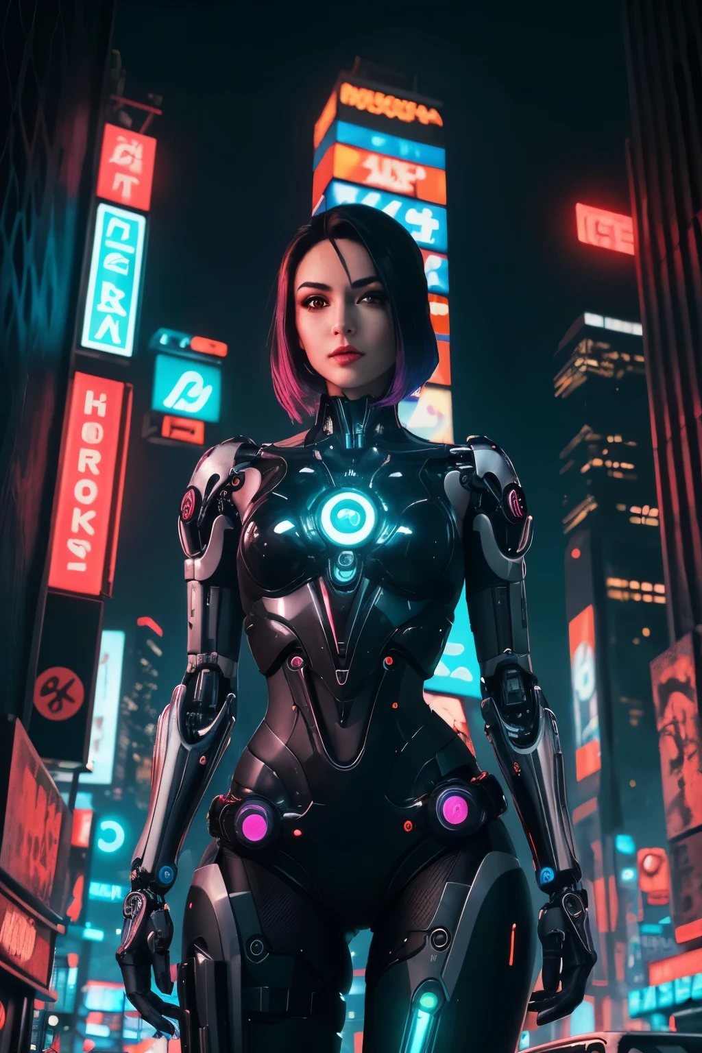 ((best quality)), ((masterpiece)), (detailed), perfect face, Create an image of a sleek, chrome-plated female cyberpunk bionic android with glowing neon eyes and enhanced cybernetic implants, standing amidst the neon-lit skyscrapers of a cyberpunk cityscape. Use a dark, gritty backdrop to enhance the cyberpunk aesthetic