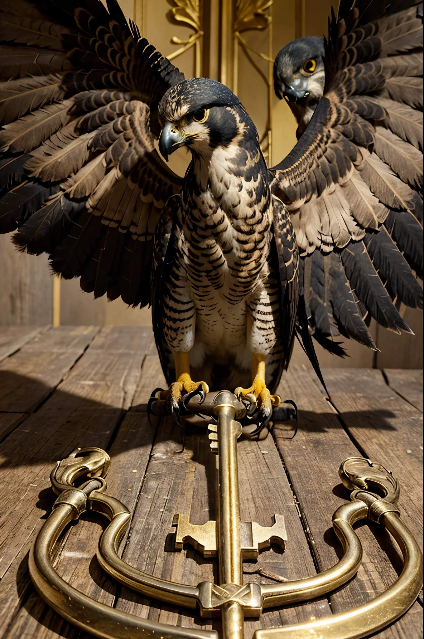 Create a family crest with a silhouette of a Peregrine Falcon holding a golden key in its talons.