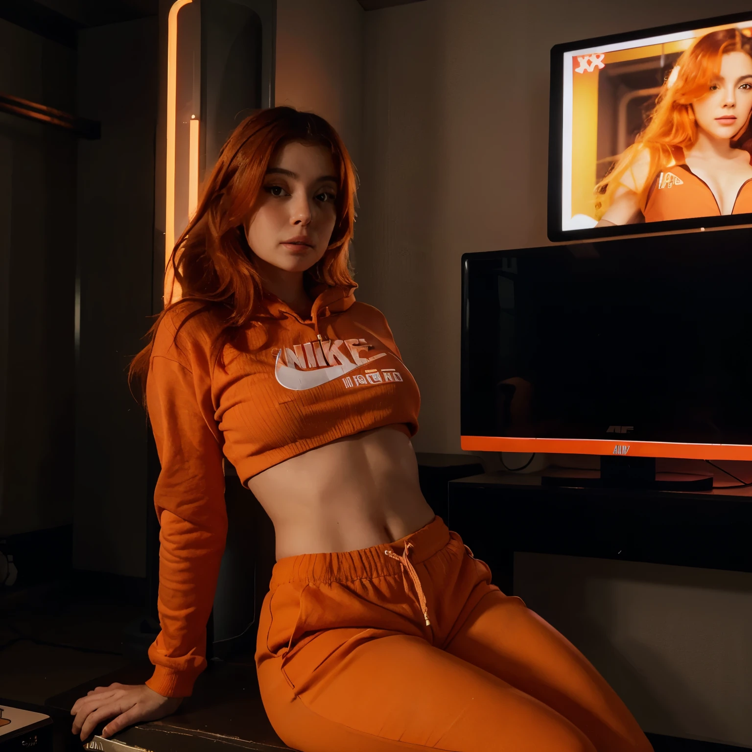 LoRA Model Paula Eal in retro arcade, playing a game, ultra realistic, cinematic photo, high quality, neon lights, long bright orange hair, wearing nike sweat pants and oversized hoodie, total body, taken from 6 feet away