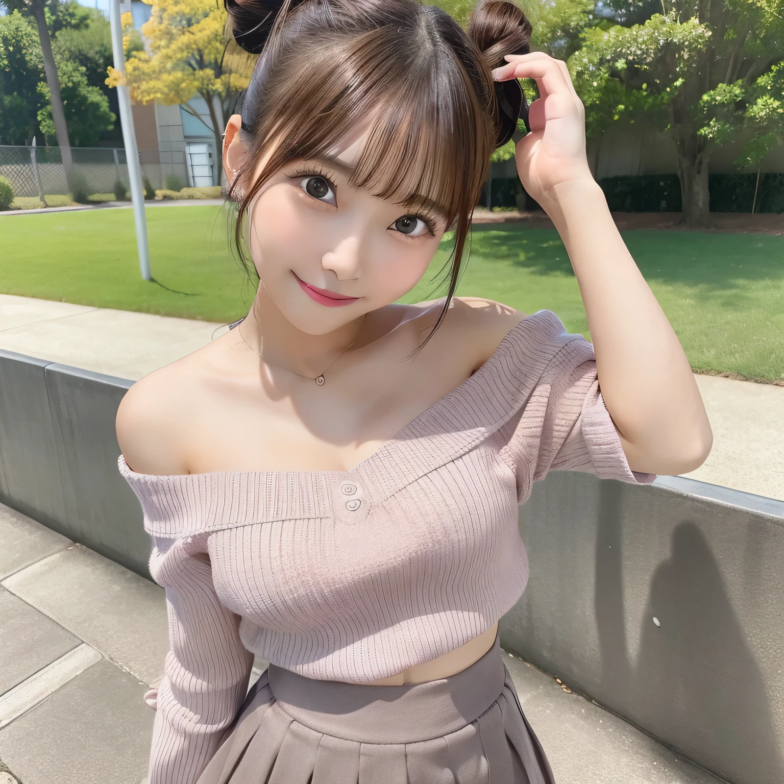 masutepiece, of the highest quality, ighly detailed, 1girl in, Cute, 18 years old, From below, NSFW, hi-school girl、Underwear, Skirt, Smile, Solo, Brown hair, grey sweater, ピンクのSkirt, Looking at Viewer, Pink Panties, Bare shoulders, Hair bun, Double bun, pantyshot, off shoulders, plein air, ミニSkirt, off shouldersセーター, Skirt, skyporn, 牙, Short hair, Colossal tits 、Pink panty、grey sweater、A smile