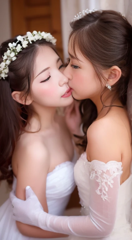 hight resolution、最high-level image quality、high-level image quality、top-quality、in 8K、Real live-action、Realistic、Raw photography、​masterpiece、masutepiece、profetional lighting、Realistic background、((years))、Passionate lesbian couple、Two beautiful girls、Lesbian kiss、Two girls kissing、Intense love、put out the tongue、Intertwined lips、Cu、((Wedding))、白いWeddingドレス、White Wedding Headdress、Weddingベール、White Wedding Gloves、a baby face、The longlushed cheeks、((closing eye))、Smaller chest 、thighs thighs thighs thighs、de pele branca、shiny lip、antique、Bedroom、Obscene content、Pornographic Graffiti、