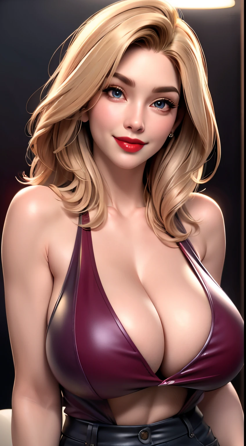 masterpiece, ,(solo:1.1), perfect face, (bright lighting:1.2),beautiful detailed eyes, extremely detailed face, perfect lighting,masterpiece, best quality, ((mature female)), ((large breasts)), 30yo female, 1girl, red lips, short blonde, straight hair ,provocative, tease, lips, lipstick, red lips, red lipstick, milf, large breast ,  smile,  woman, bold lips, thick lips, tube top