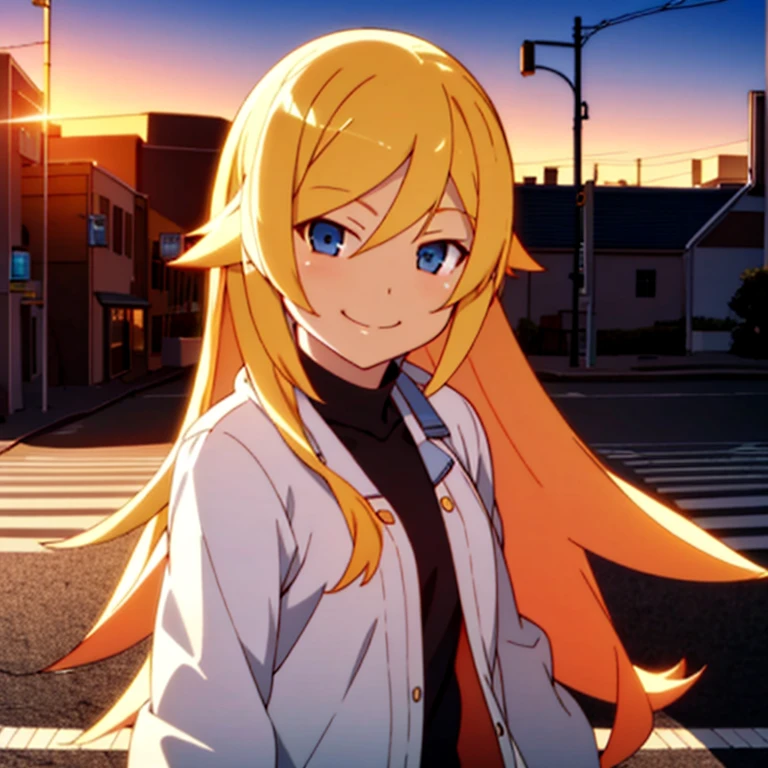 best quality, masterpiece, solo, (1girl),long blonde hair,tomboy ,crosswalk,sunset, looking at viewer, smiling ,headshot