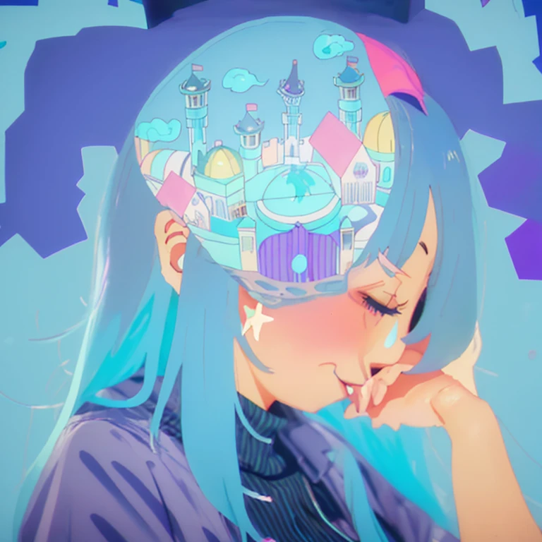 anime Girl with blue hair and a purple hat with a city in the background, mind character, dreamy psychedelic anime, Two-dimensional anime style, Russian matryoshka doll brain, Two-dimensional anime, anime illustrations, soft anime illustration, Girl with blue hair, I will deny this, anime illustration, Profile of anime girls, blue brain, Anime style illustration, Cyan hair anime girl