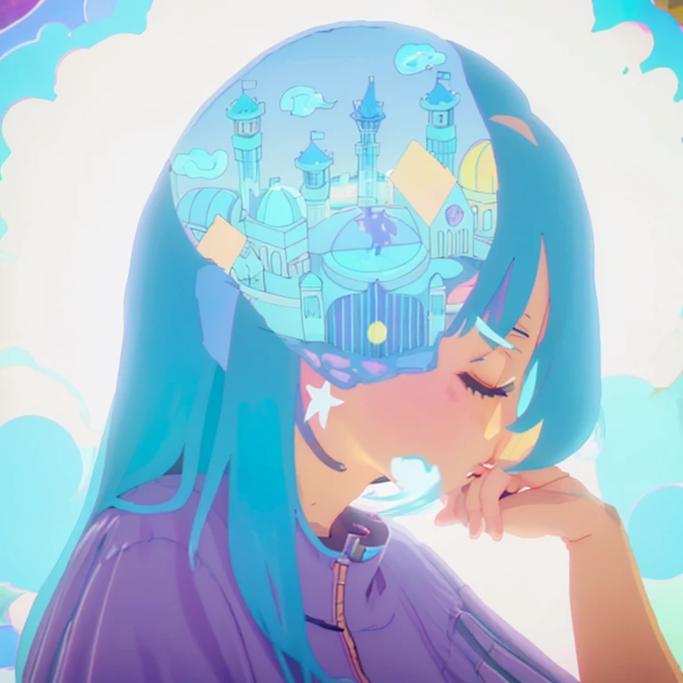 anime Girl with blue hair and a purple hat with a city in the background, mind character, dreamy psychedelic anime, Two-dimensional anime style, Russian matryoshka doll brain, Two-dimensional anime, anime illustrations, soft anime illustration, Girl with blue hair, I will deny this, anime illustration, Profile of anime girls, blue brain, Anime style illustration, Cyan hair anime girl