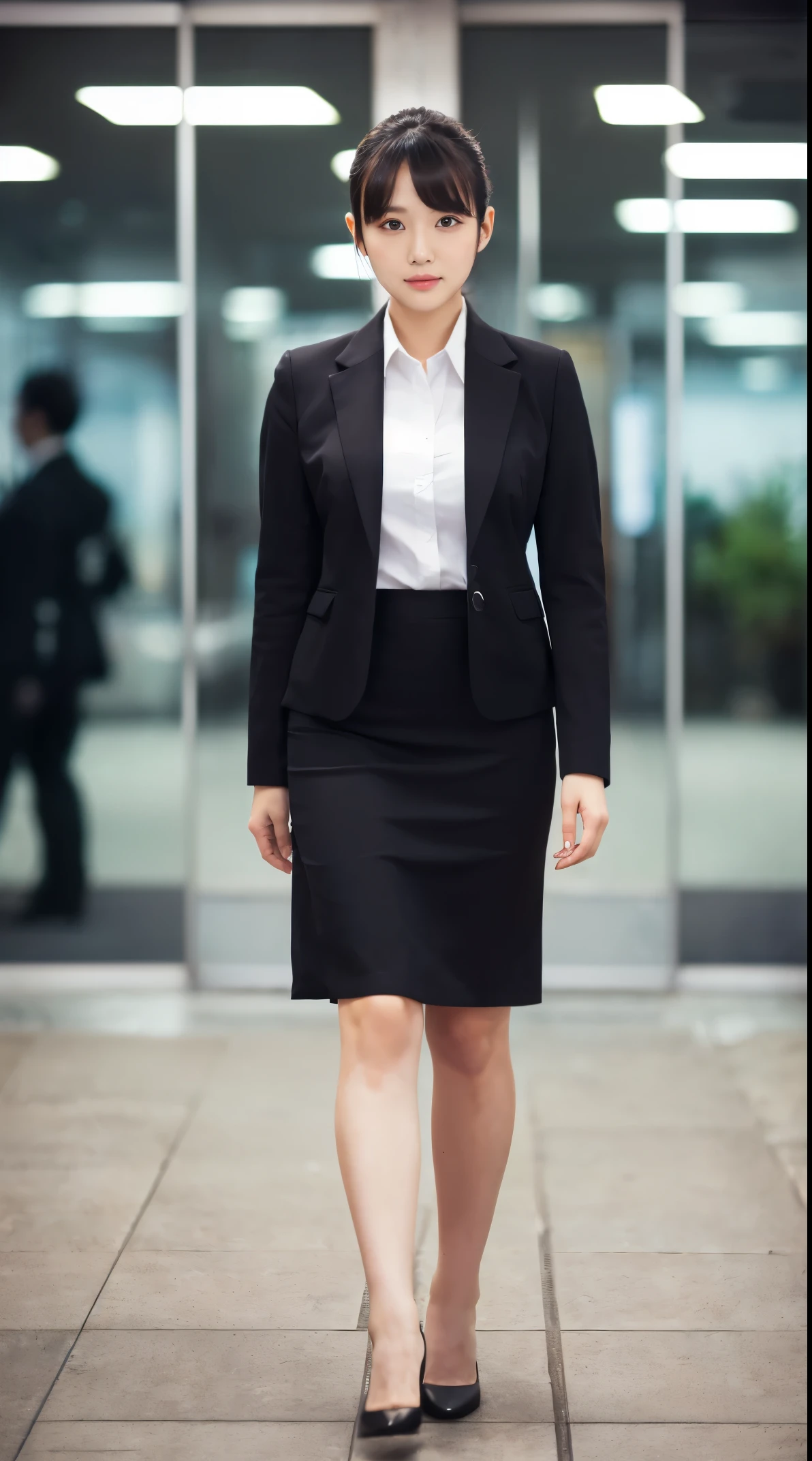 (masutepiece,High quality:1.3),(depth of fields:1.3) ,((front body:1.35)),  Japanese ,woman,Chignon, (Women's business black suits midi skirt ,White collared shirt:1.2),Huge breasts,(Looking at Viewer:1.3),(full body:1.2),in office