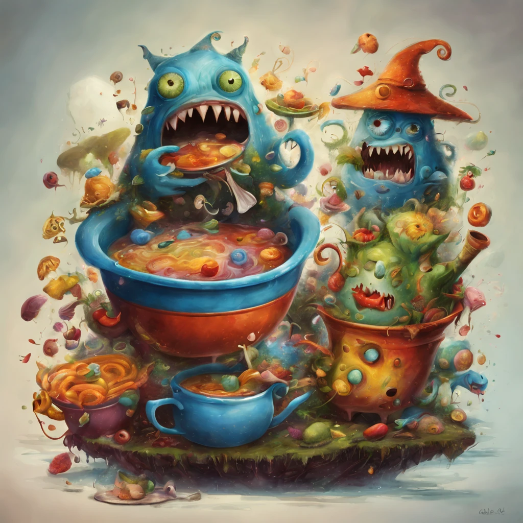 monstruo de sopa colorido, artistically rendered, elegante Alexander Jansson, incredibly beautiful work, Los personajes y elementos del paisaje encajan completamente dentro del marco de la imagen., Detailed realization, High Quality Definition, Caras expresivas, Sharp visual background with:cocina de la casa fantasma),obra maestra,lindo monstruo de sopa